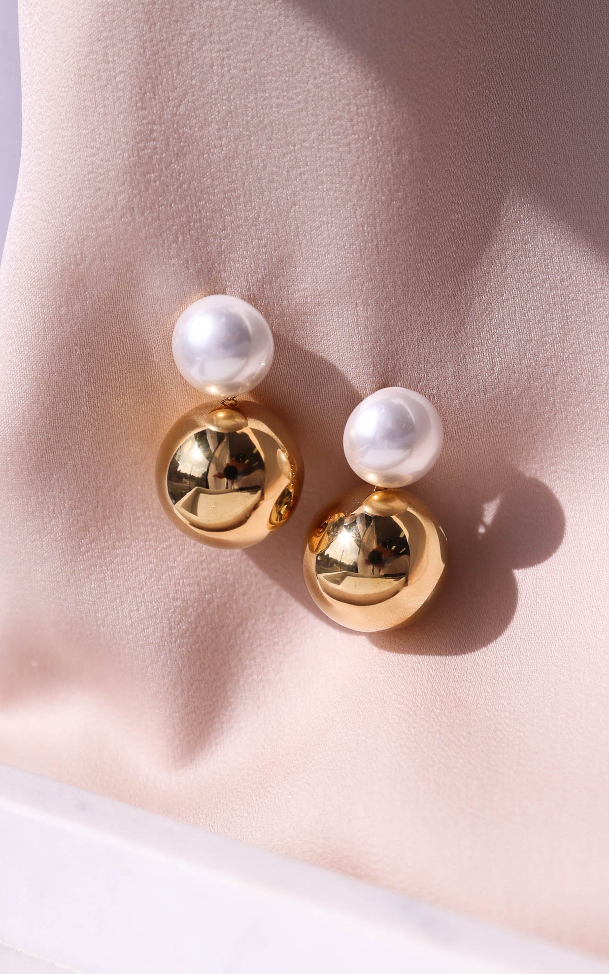 Perla Drop Stud Earrings - Gold Round Pearl Ball