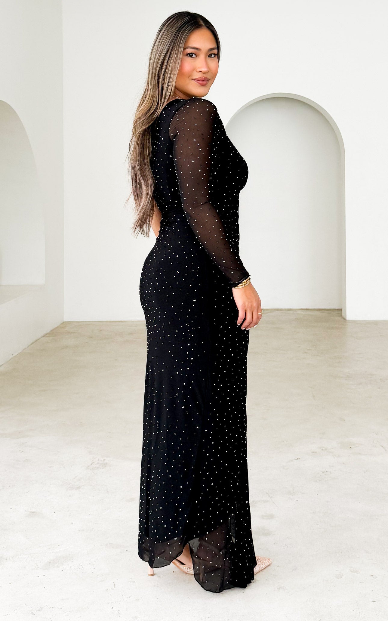 Quinto Long Sleeve Embellished Mesh Maxi Dress - Black