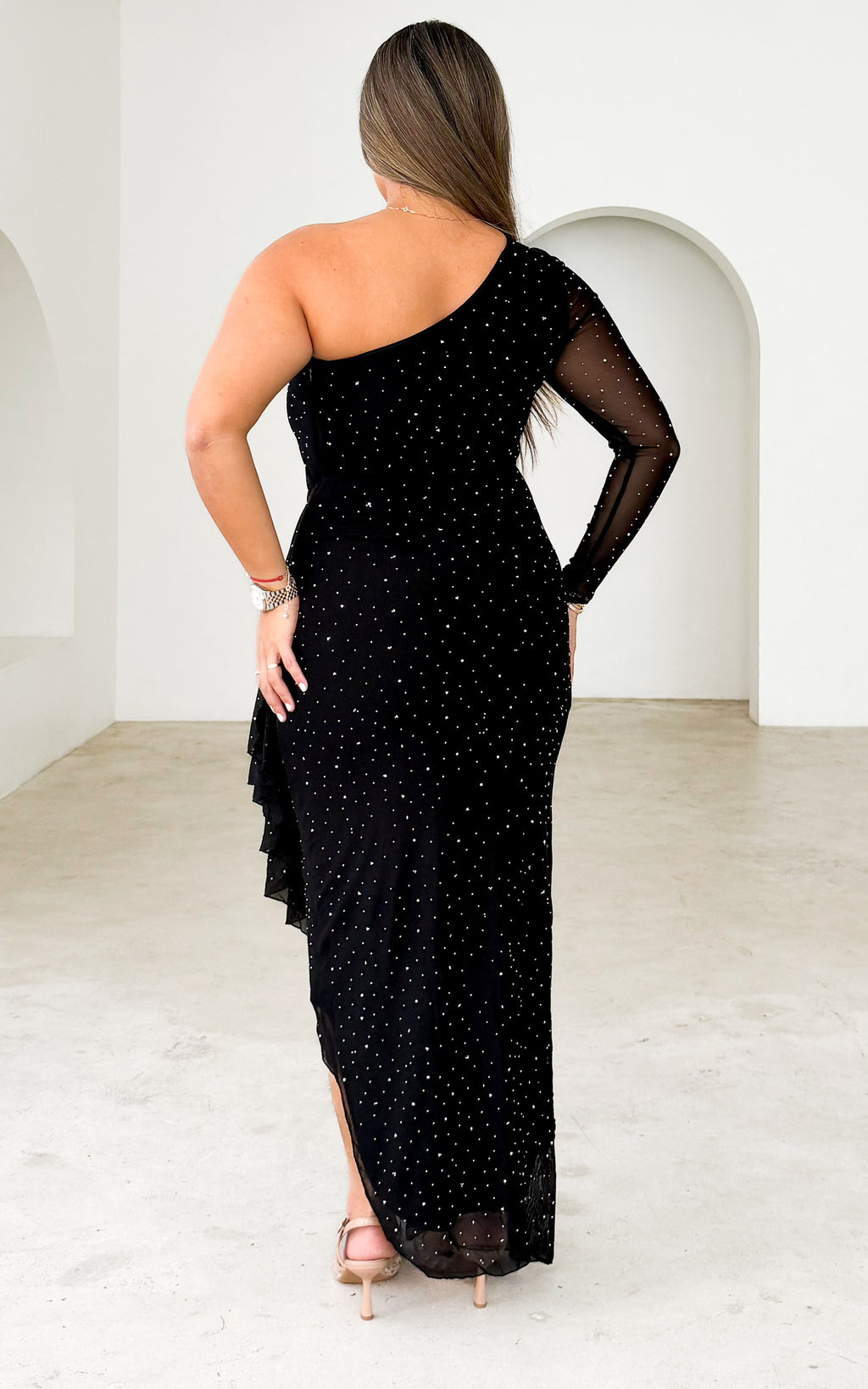 Quinto Long Sleeve Embellished Mesh Maxi Dress - Black