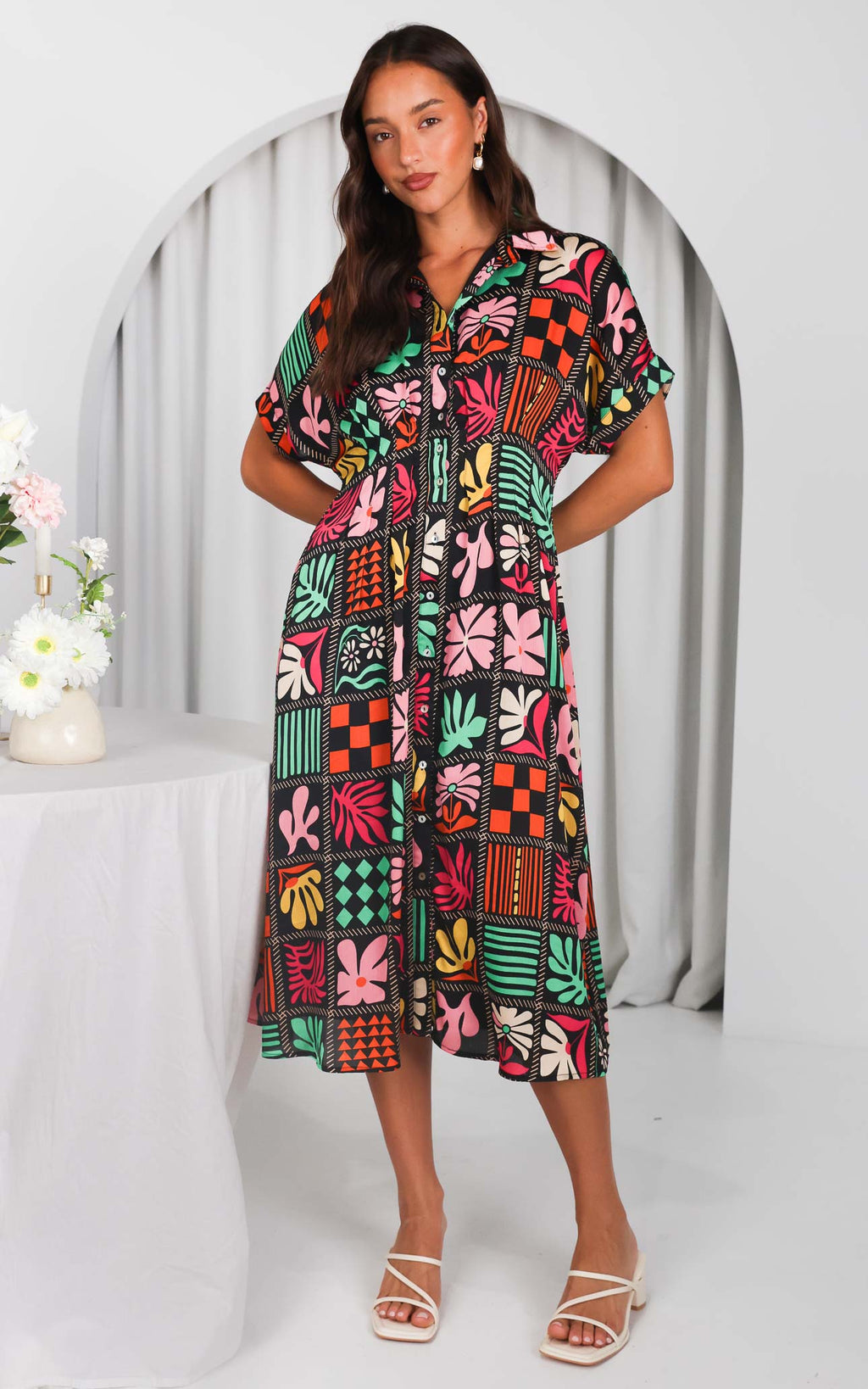 Rainier Midi Dress - Black Multi Print