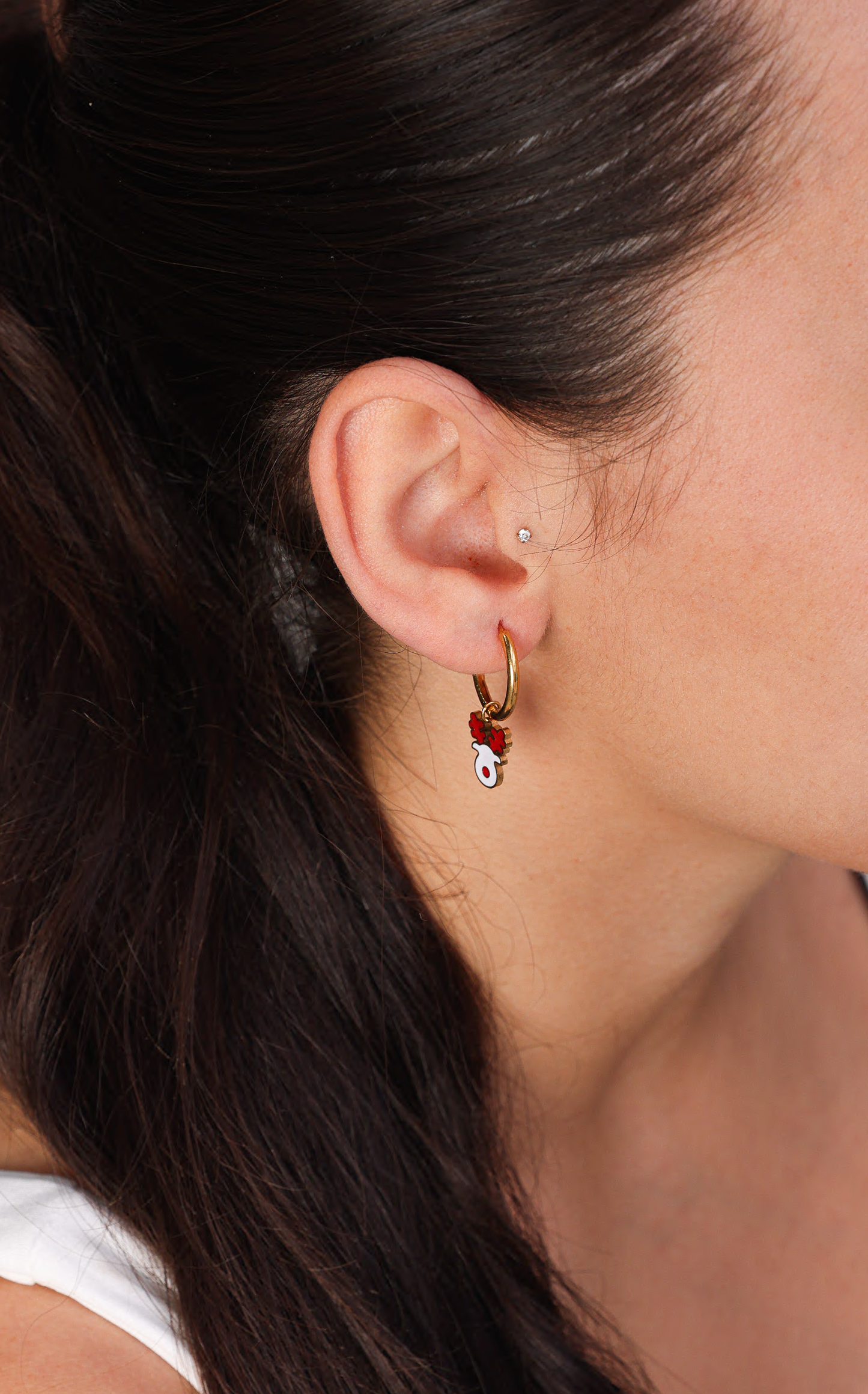 Red Nose Hoop Charm Earrings - Gold White Reindeer