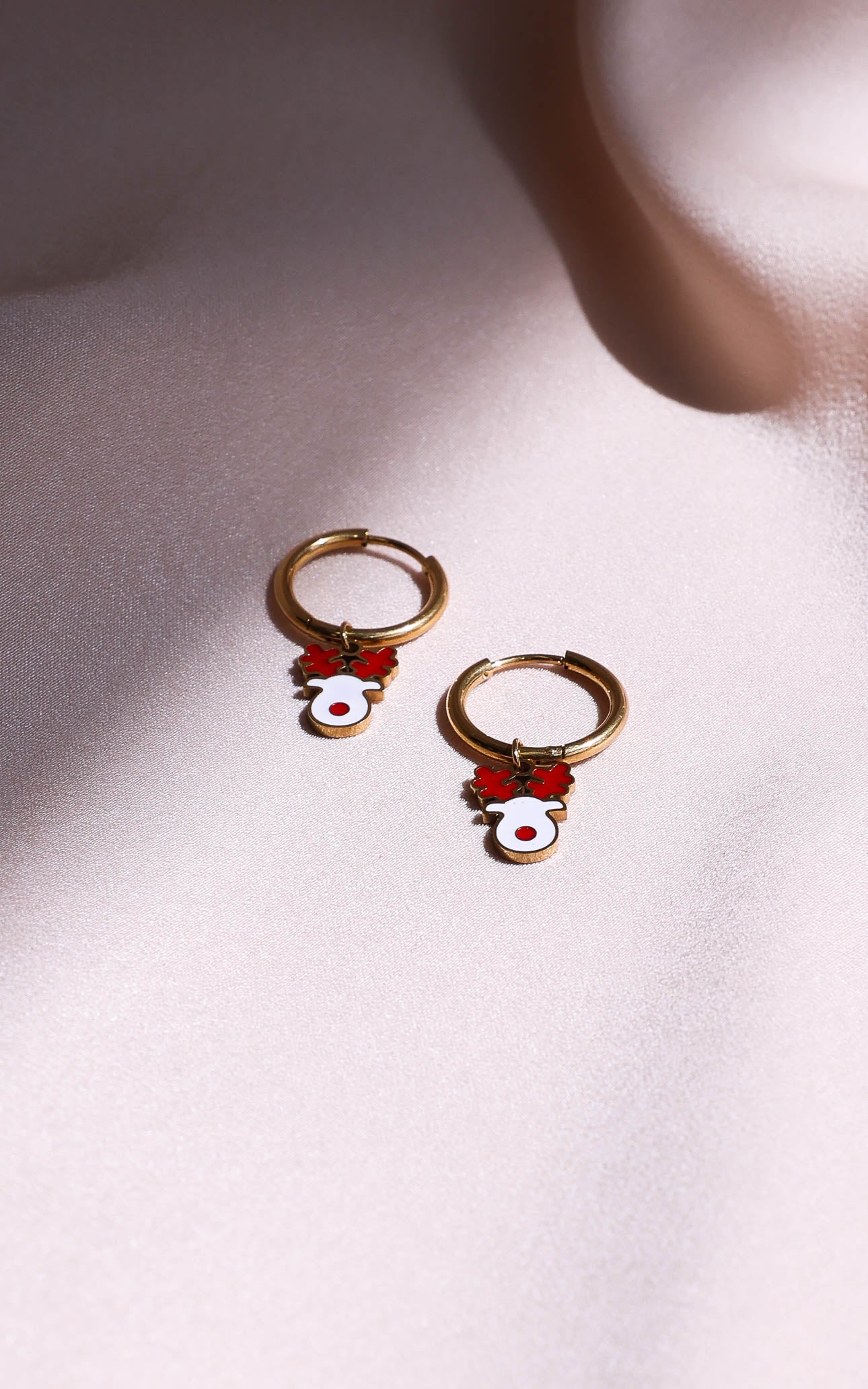 Red Nose Hoop Charm Earrings - Gold White Reindeer