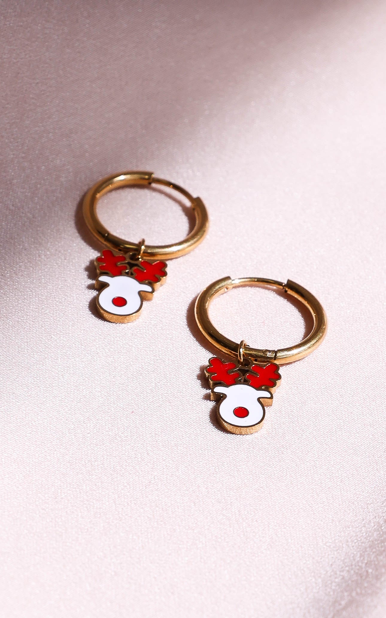 Red Nose Hoop Charm Earrings - Gold White Reindeer
