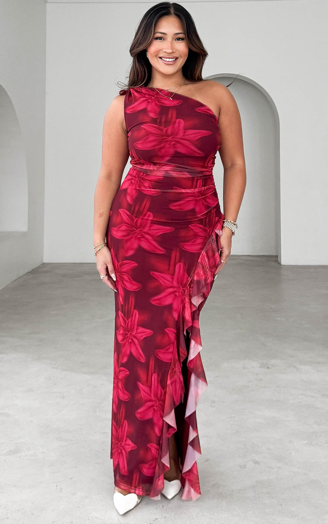 Relius Mesh Maxi Dress - Red Wine Floral