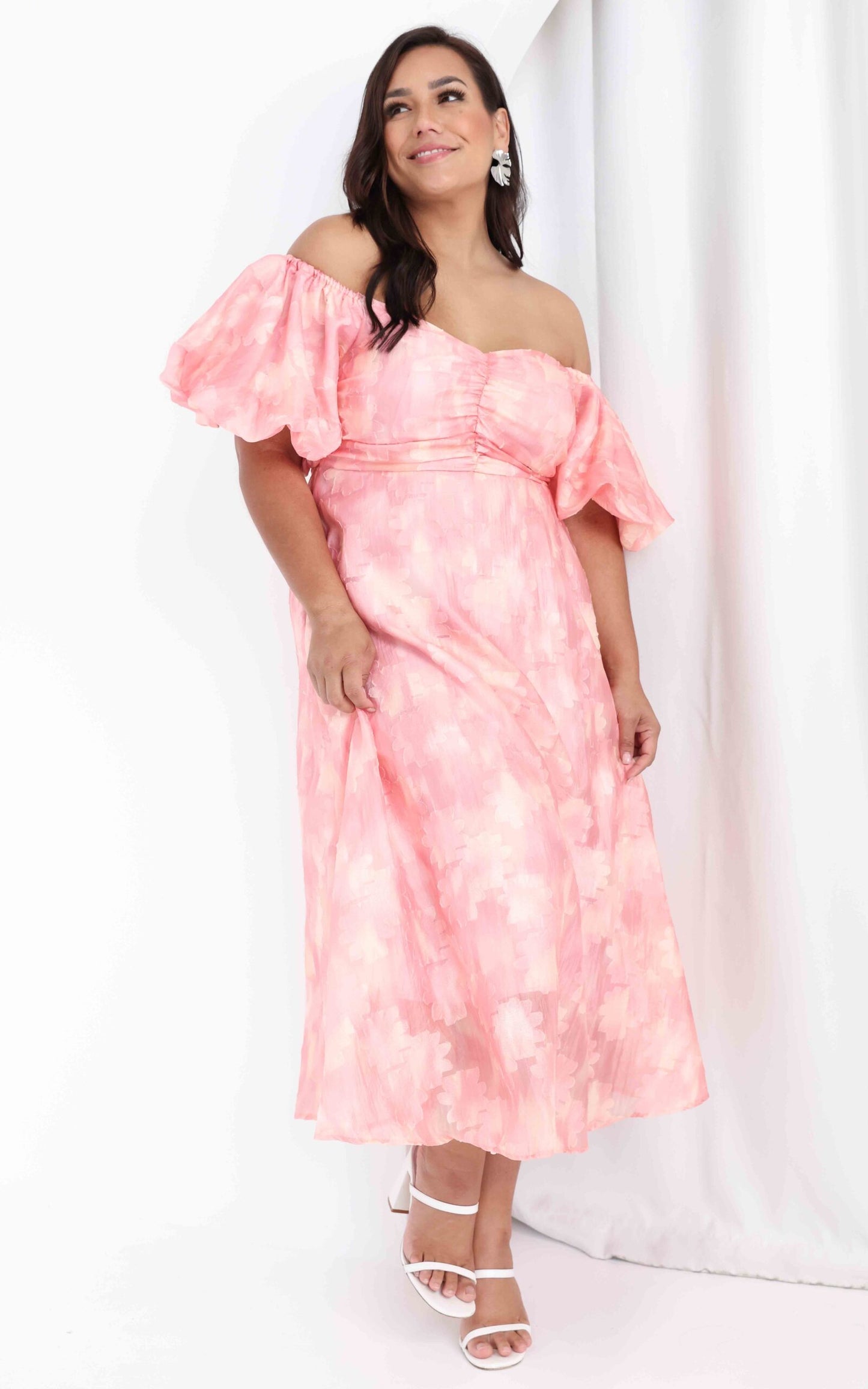 Rhea Midi Dress - Peach Pink Floral Texture