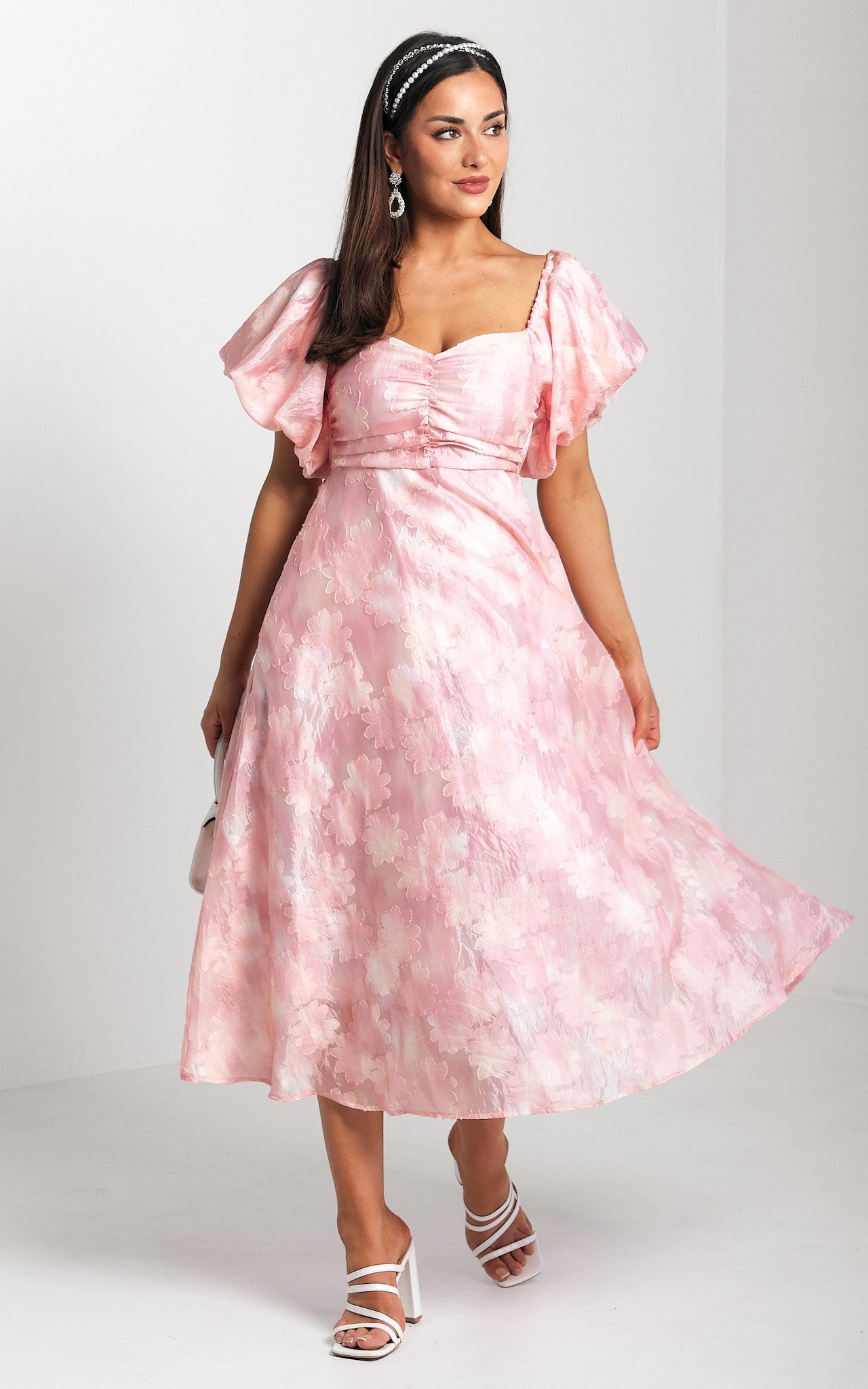 Rhea Midi Dress - Peach Pink Floral Texture