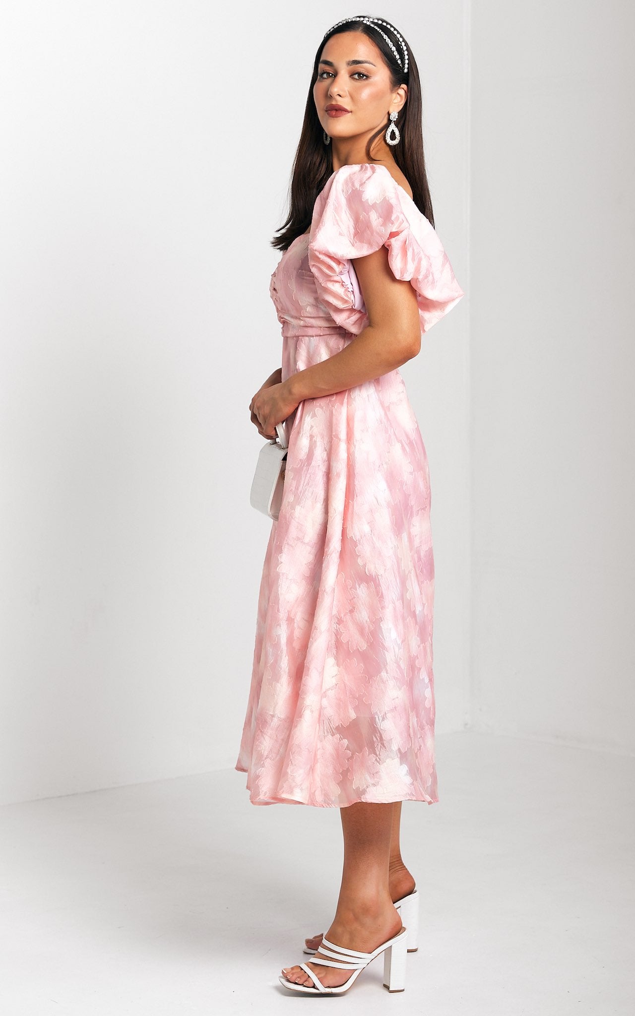 Rhea Midi Dress - Peach Pink Floral Texture