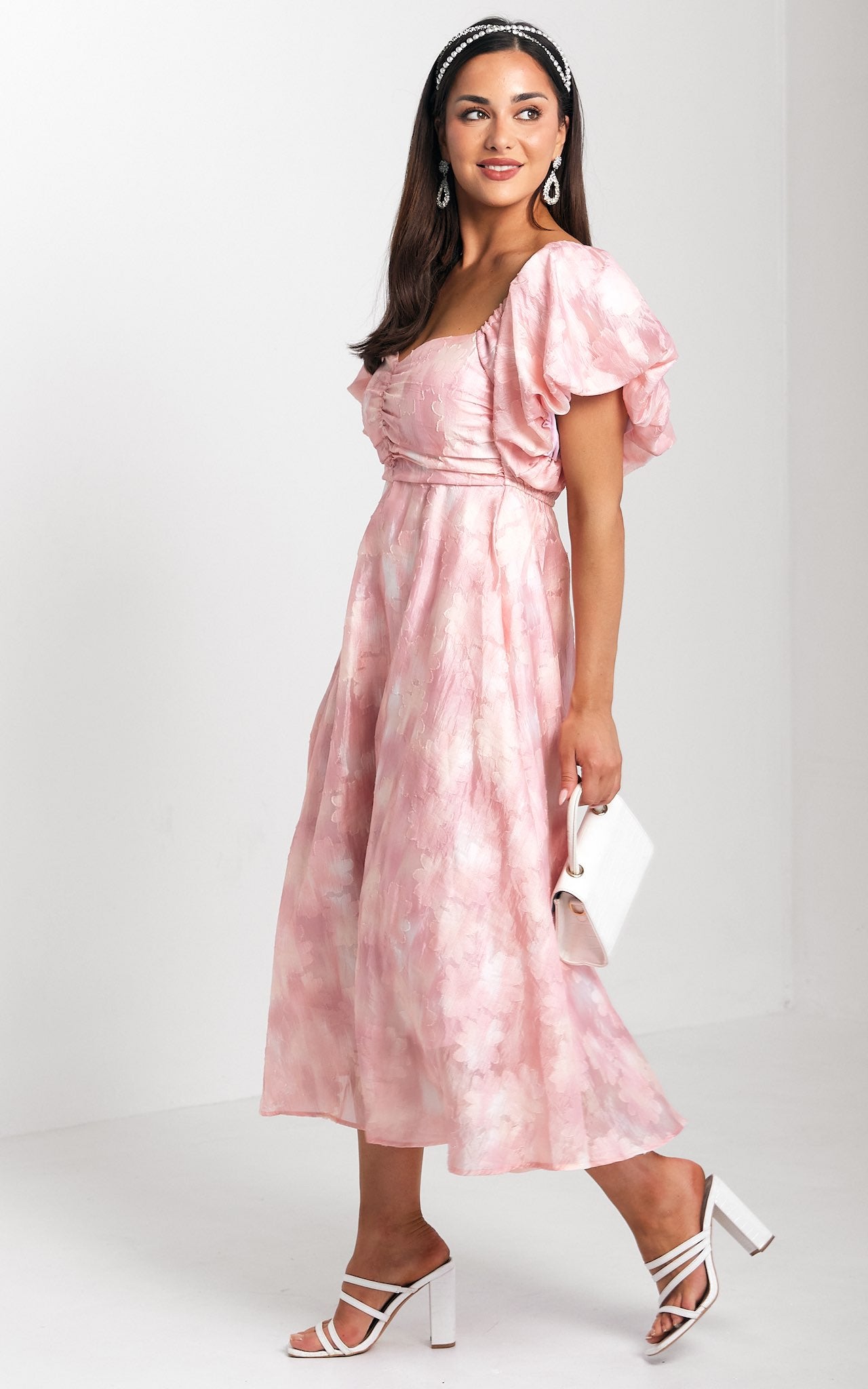 Rhea Midi Dress - Peach Pink Floral Texture