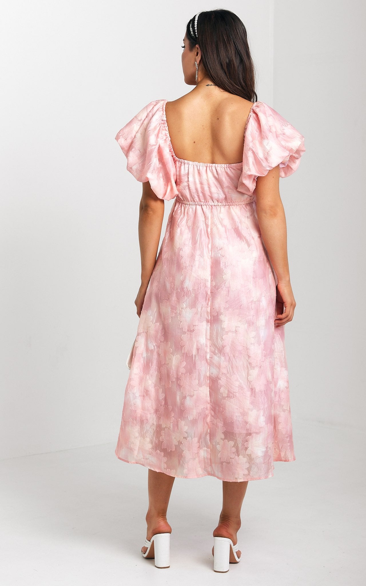 Rhea Midi Dress - Peach Pink Floral Texture