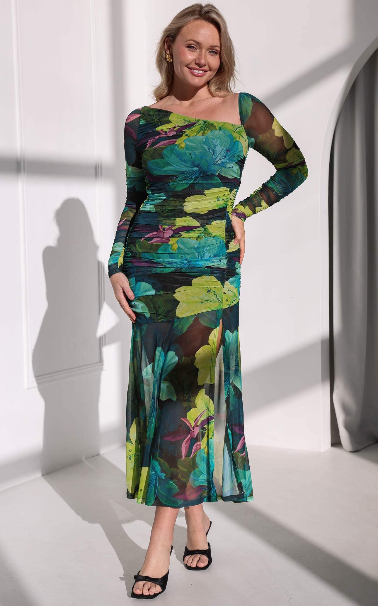 Rikki Mesh Maxi Dress - Green Floral