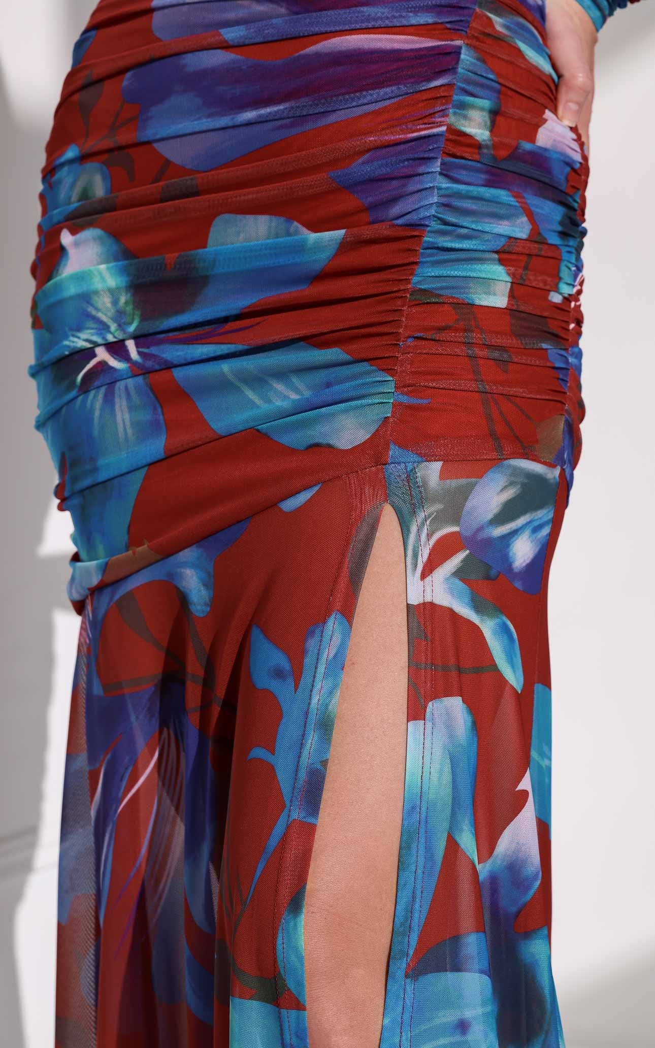 Rikki Mesh Maxi Dress - Red Blue Floral