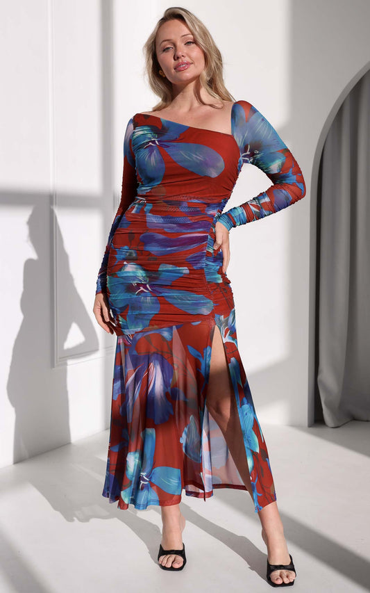 Rikki Mesh Maxi Dress - Red Blue Floral