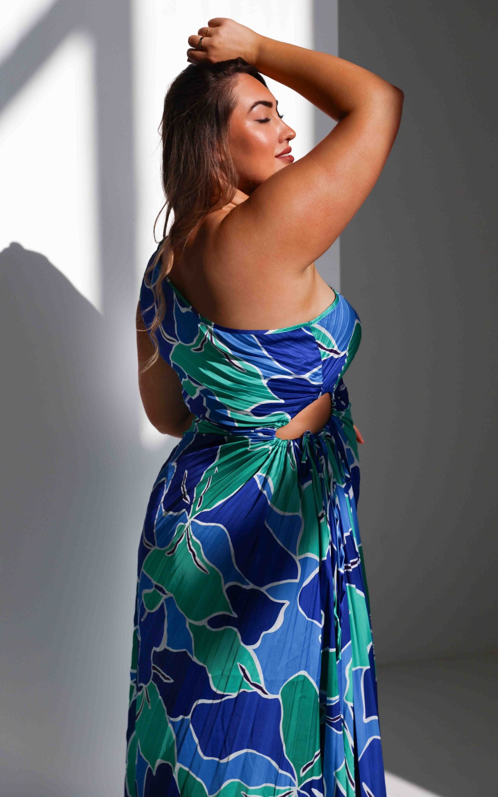 green and blue dress ROCHELLE ONE SHOULDER SLEEVELESS ADJUSTABLE SIDE CUT OUT ASYMMETRIC PLEATED MAXI DRESS