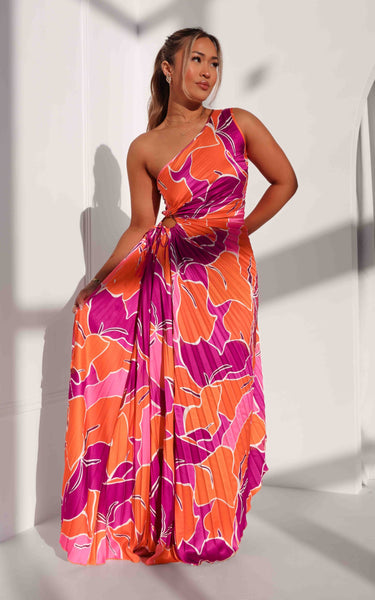 ROCHELLE ONE SHOULDER SLEEVELESS ADJUSTABLE SIDE CUT OUT ASYMMETRIC PLEATED MAXI DRESS
