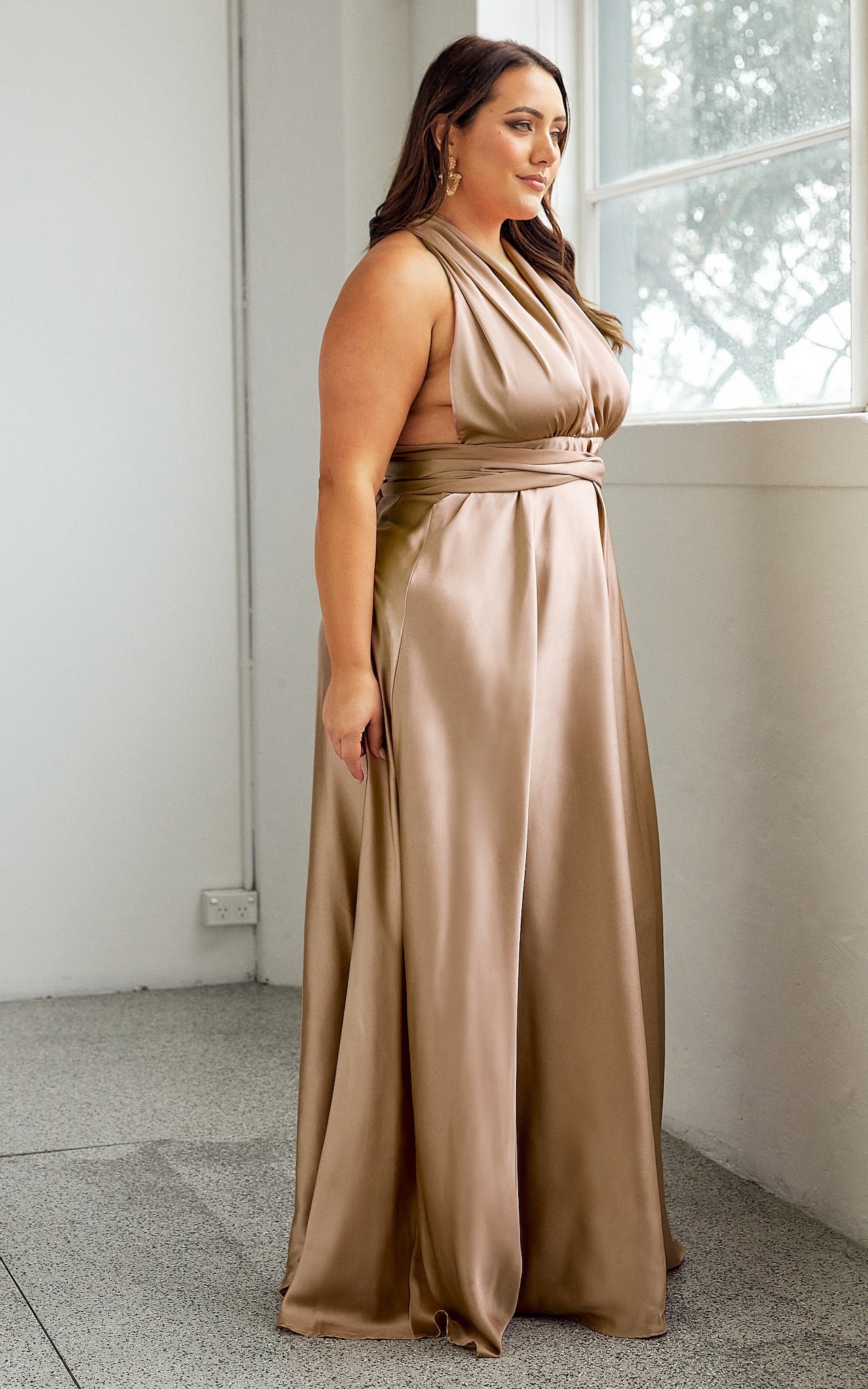ROMAN MULTIWAY NECKLINE OPEN BACK DRESS