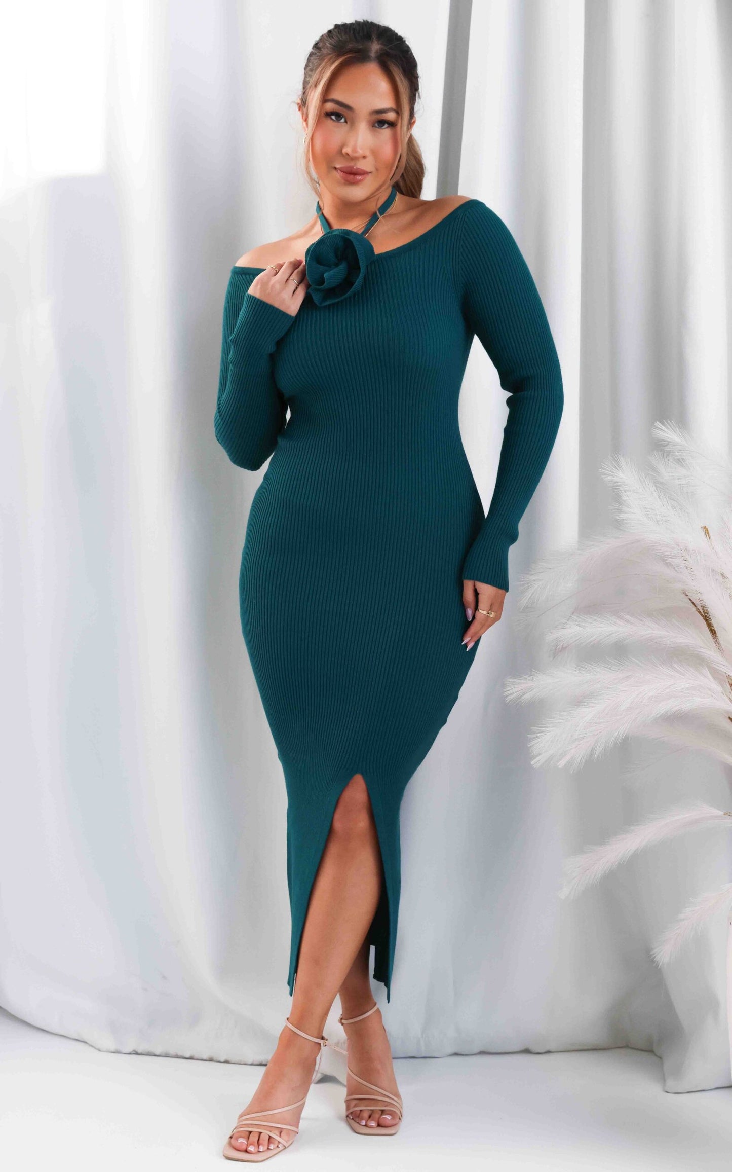 ROSABELLE OFF SHOULDER TIE DETAIL DETACHABLE ROSE SPLIT RIBBED KNIT MAXI DRESS - TEAL By Amica ROSABELLE OFF SHOULDER TIE DETAIL DETACHABLE ROSE SPLIT RIBBED KNIT MAXI DRESS - TEAL By Amica