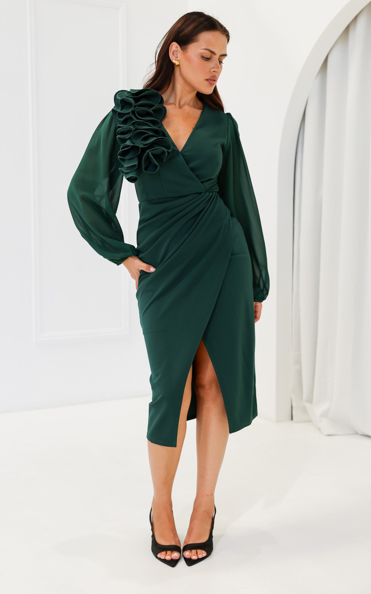 Rosaline Long Sleeve Midi Dress - Emerald Green