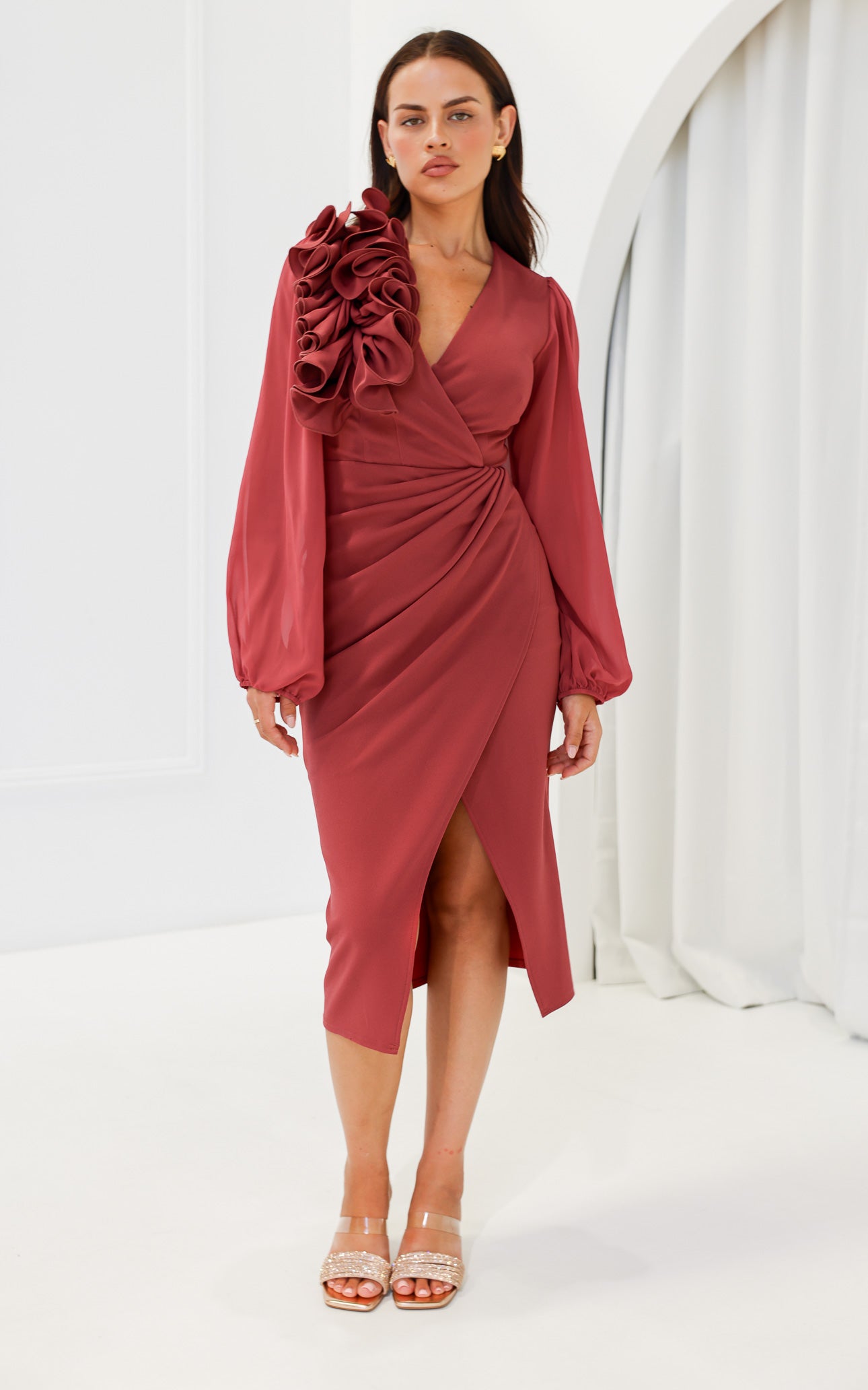 Rosaline Long Sleeve Midi Dress - Cardinal Rose