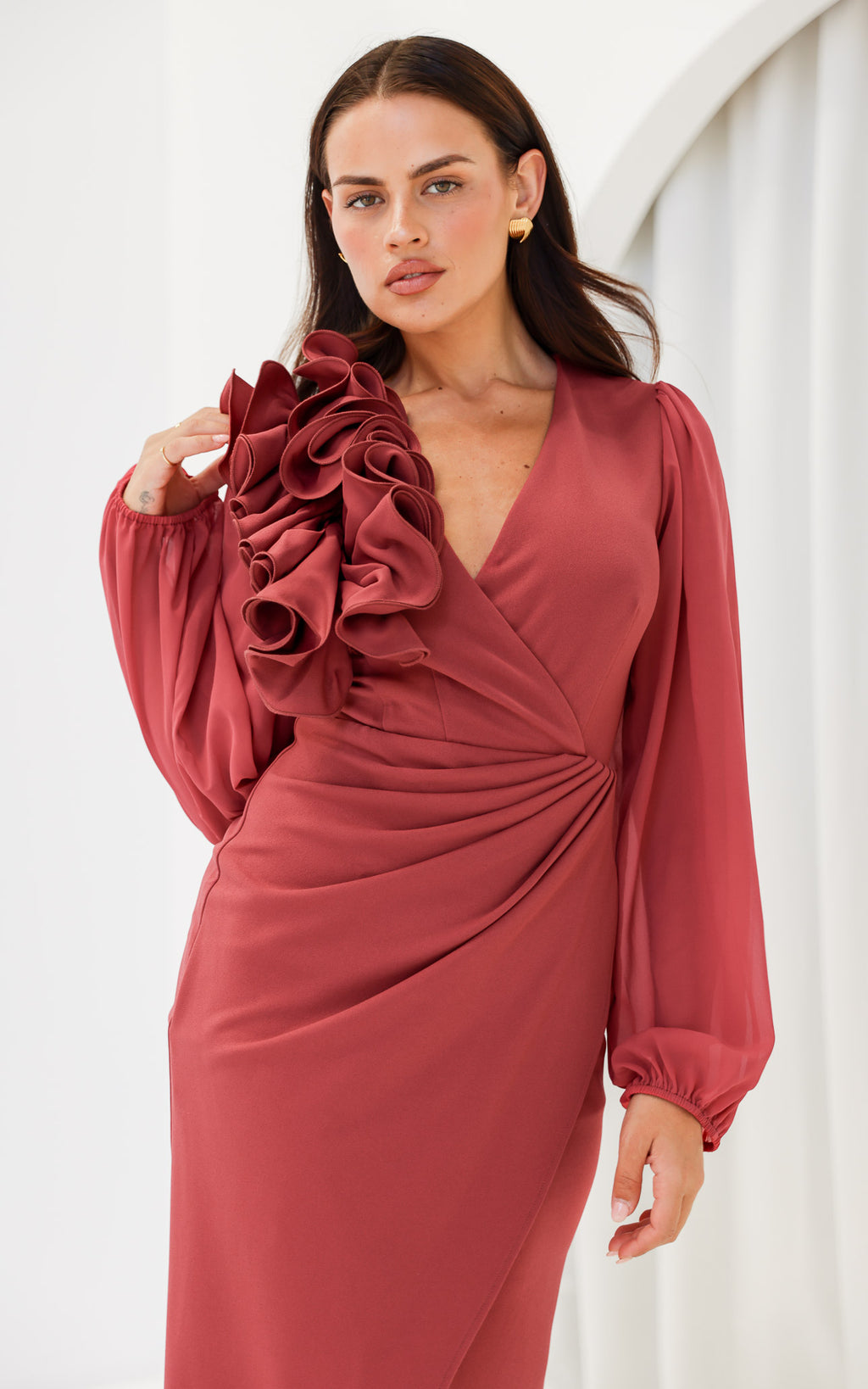 Rosaline Long Sleeve Midi Dress - Cardinal Rose