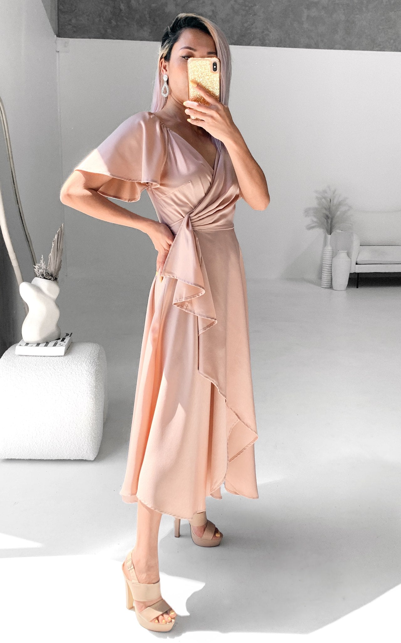 wrap dress rose gold Wrap Me Up Fancy Midi Dress - Pink and Gold