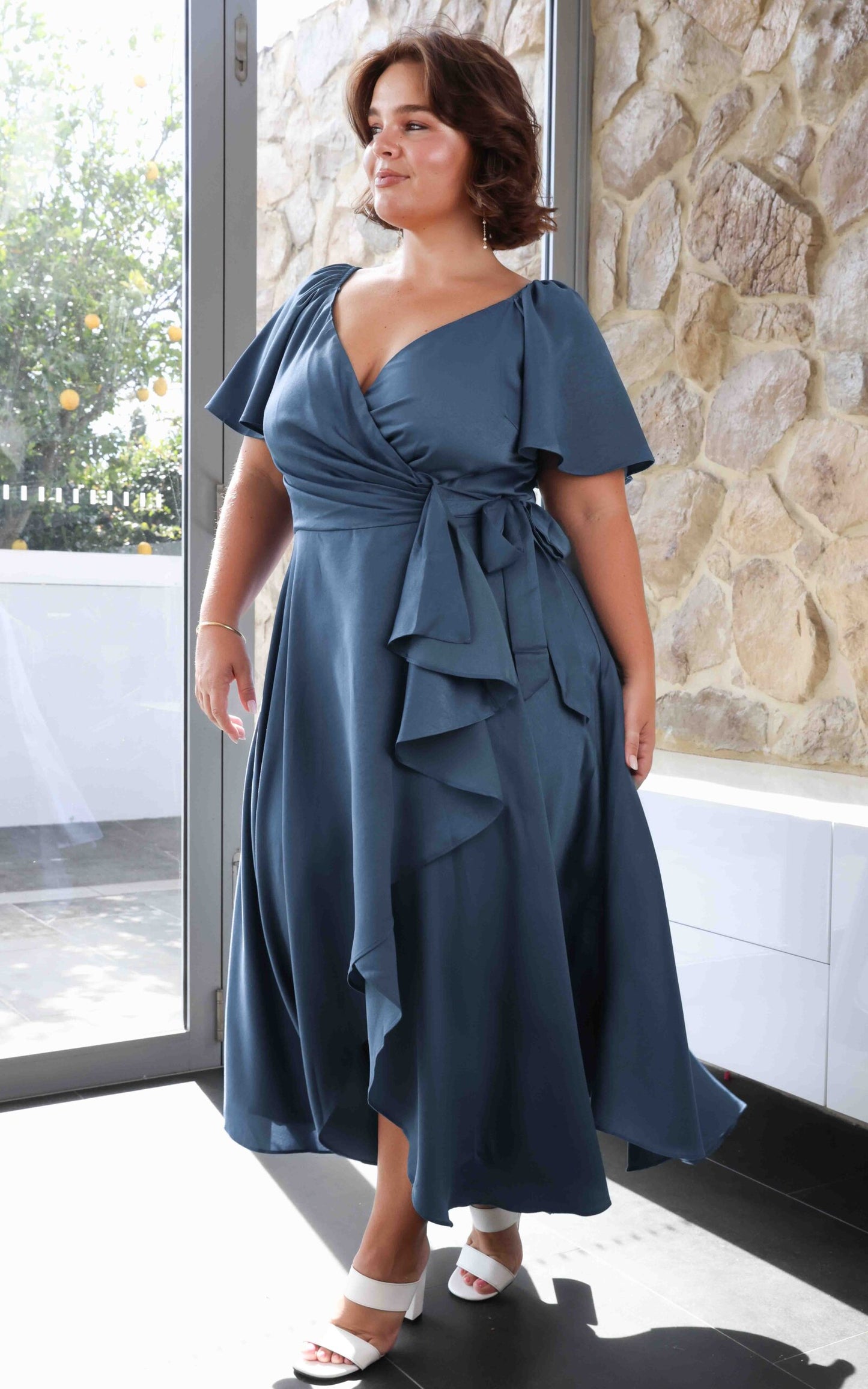 ROSSETTI V NECK SHORT FLUTTER SLEEVE WRAP MAXI DRESS STEEL BLUE