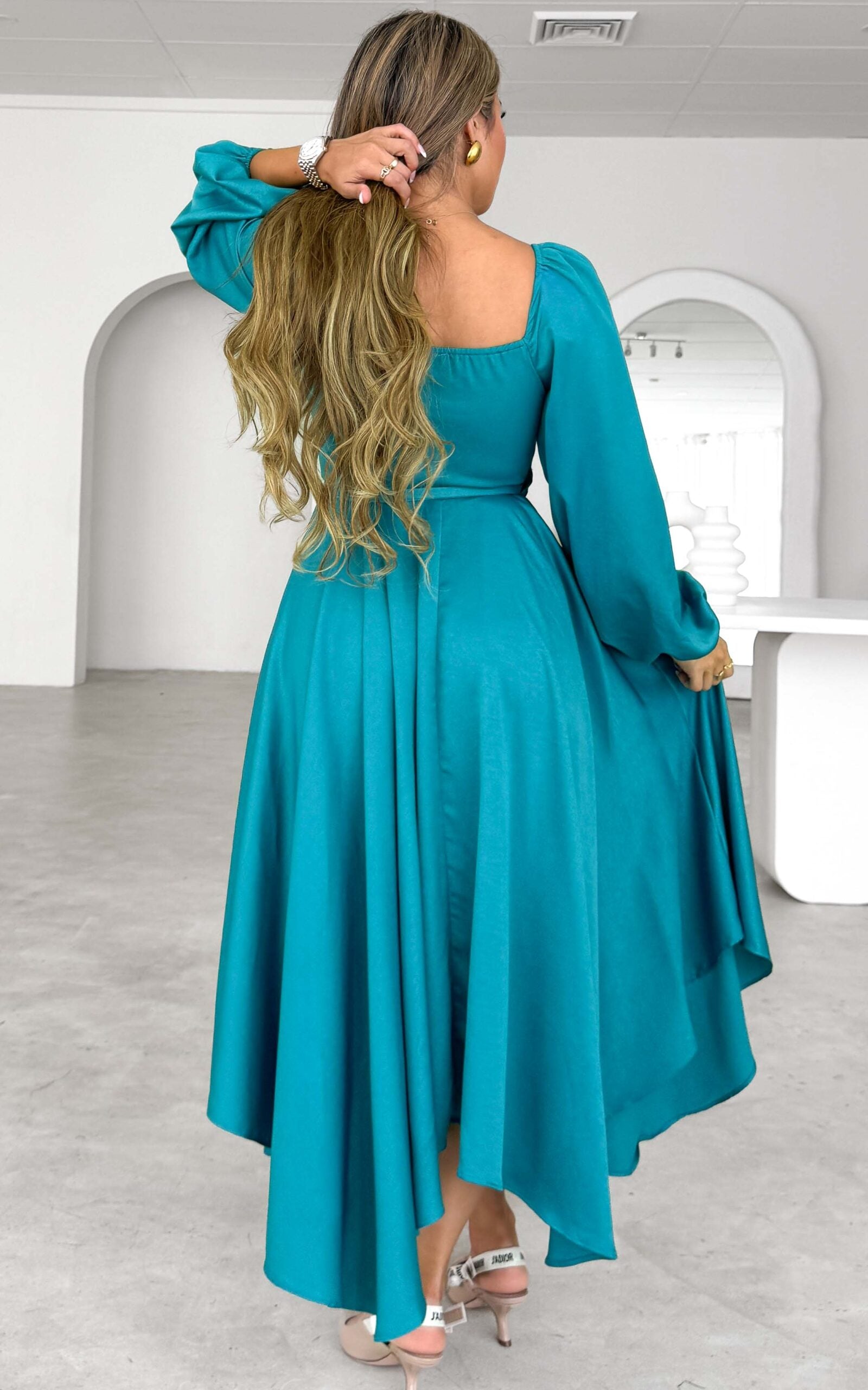 ROSSETTI V NECK LONG BALLOON SLEEVE WRAP MAXI DRESS - TEAL BLUE By Amica ROSSETTI V NECK LONG BALLOON SLEEVE WRAP MAXI DRESS - TEAL BLUE By Amica