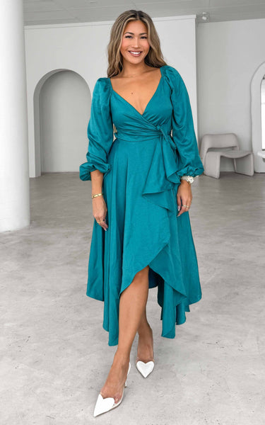ROSSETTI V NECK LONG BALLOON SLEEVE WRAP MAXI DRESS - TEAL BLUE By Amica ROSSETTI V NECK LONG BALLOON SLEEVE WRAP MAXI DRESS - TEAL BLUE By Amica
