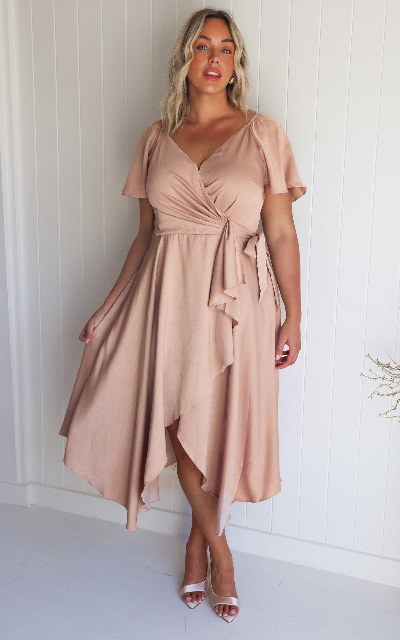 ROSSETTI V NECK SHORT FLUTTER SLEEVE WRAP MAXI DRESS - ROSE GOLD By Amica ROSSETTI V NECK SHORT FLUTTER SLEEVE WRAP MAXI DRESS - ROSE GOLD By Amica