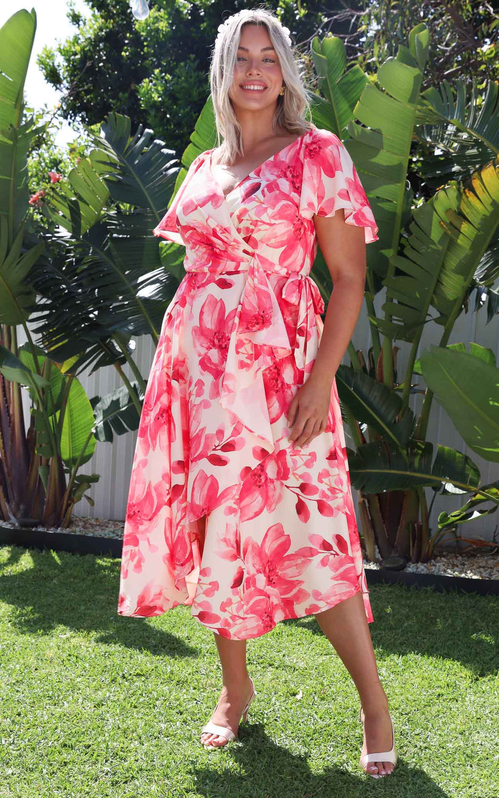 Rossetti Short Sleeve Wrap Maxi Dress - Cream Pink Floral