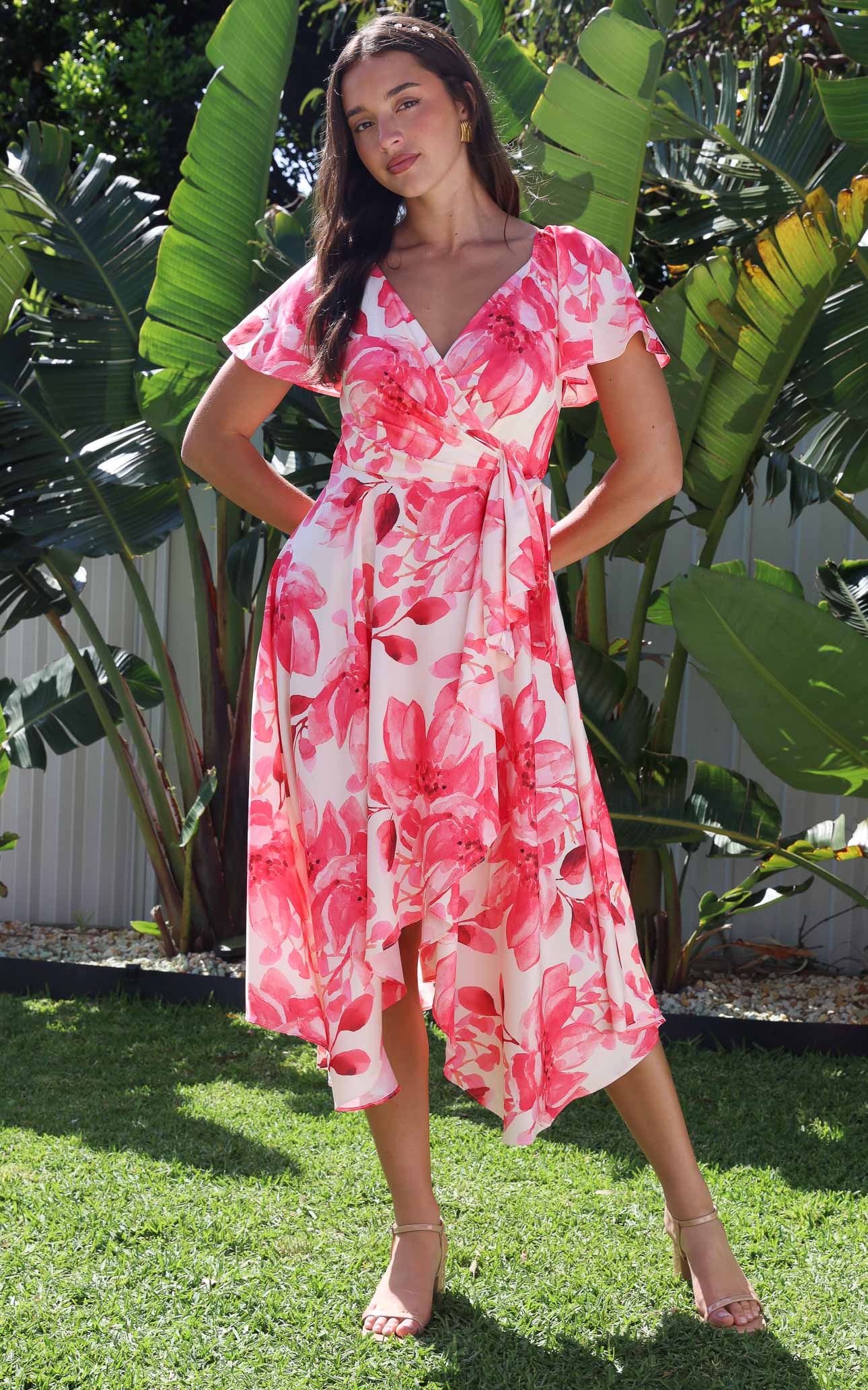 Rossetti Short Sleeve Wrap Maxi Dress - Cream Pink Floral