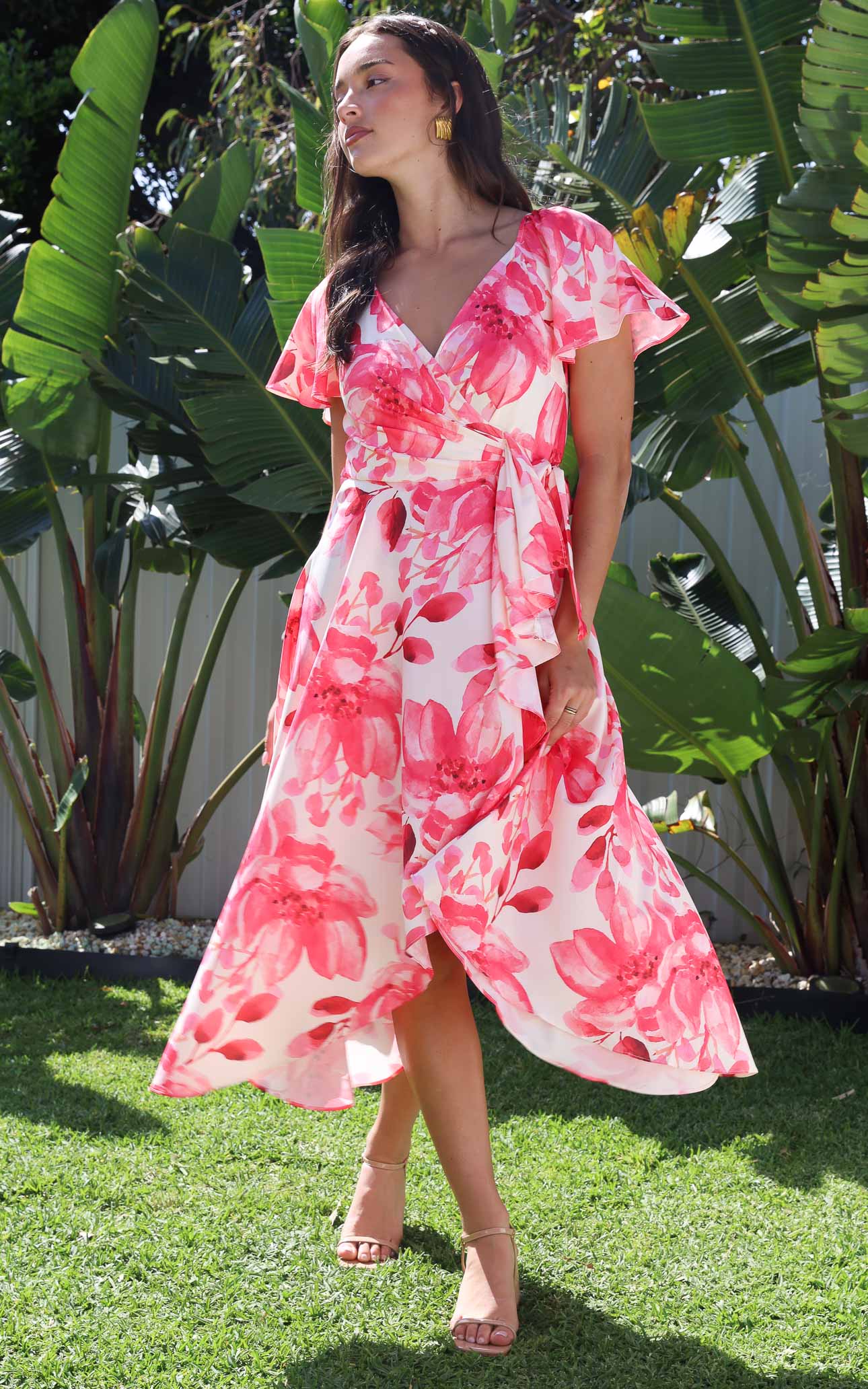 Rossetti Short Sleeve Wrap Maxi Dress - Cream Pink Floral