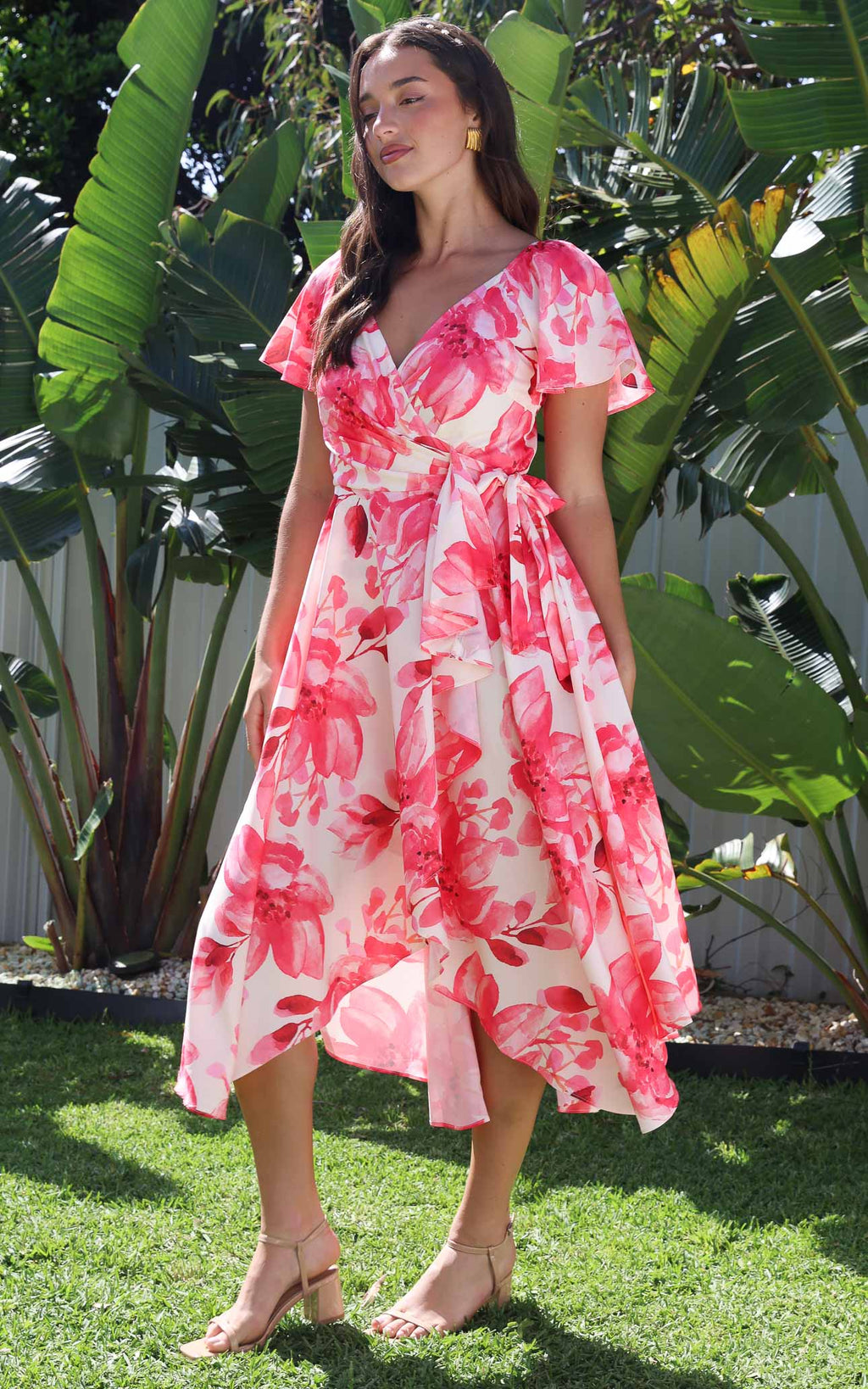 Rossetti Short Sleeve Wrap Maxi Dress - Cream Pink Floral
