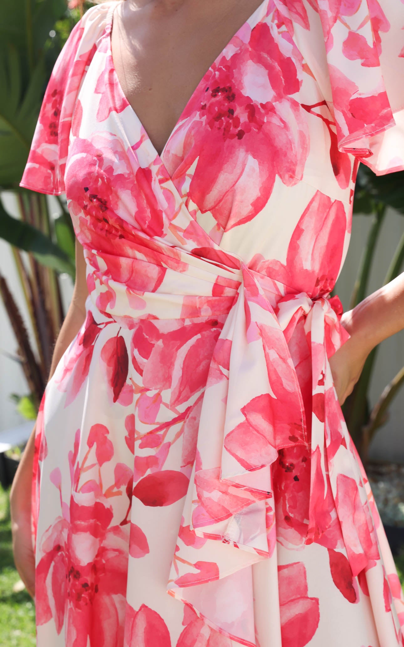 Rossetti Short Sleeve Wrap Maxi Dress - Cream Pink Floral