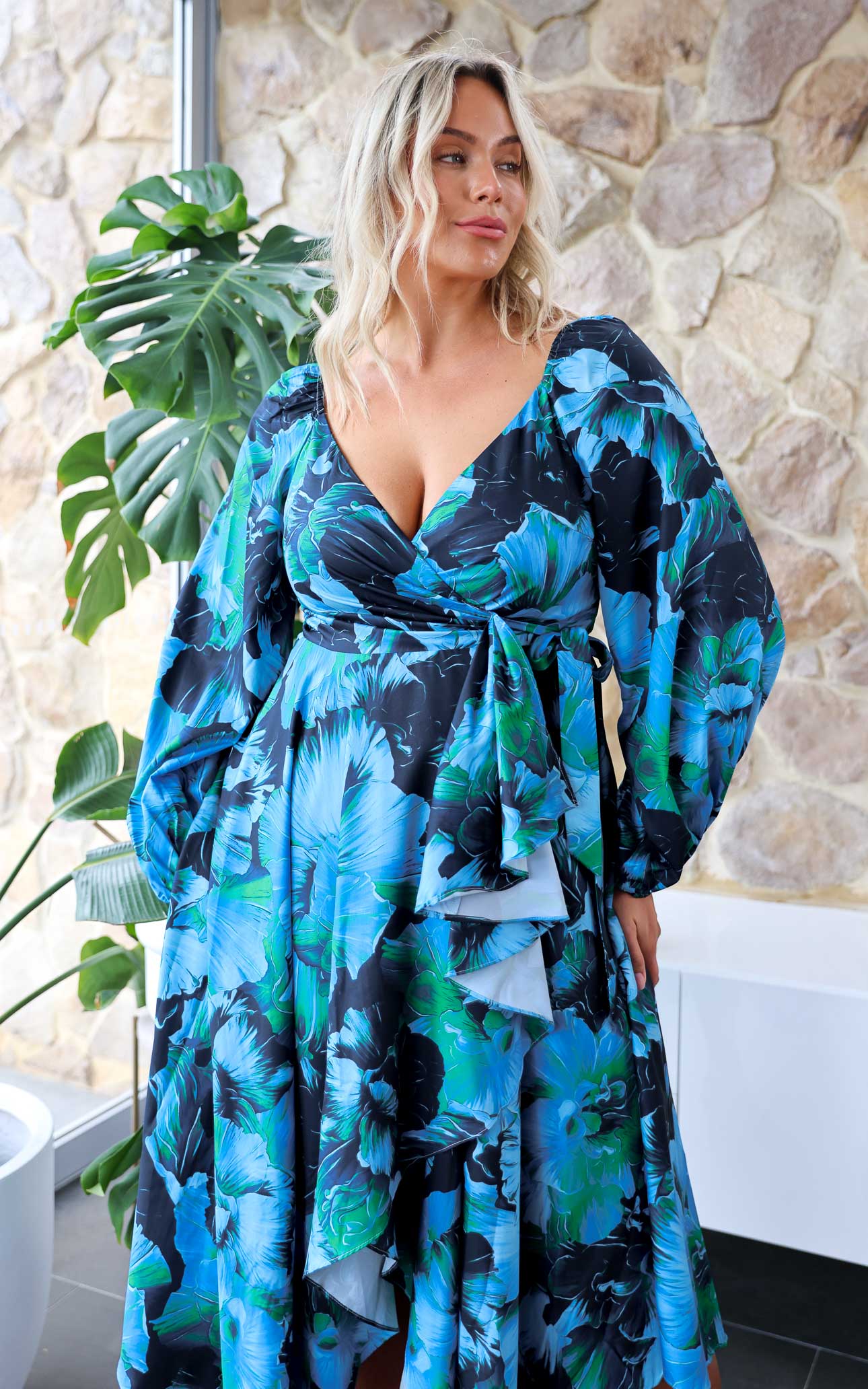 Rossetti Long Sleeve Wrap Maxi Dress - Blue Green Floral
