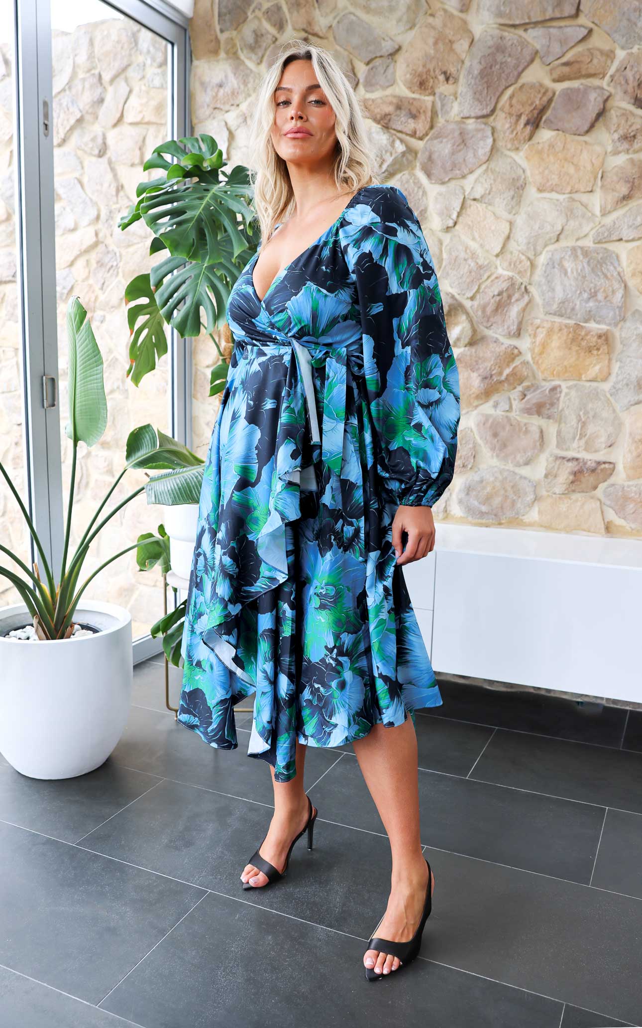 Rossetti Long Sleeve Wrap Maxi Dress - Blue Green Floral