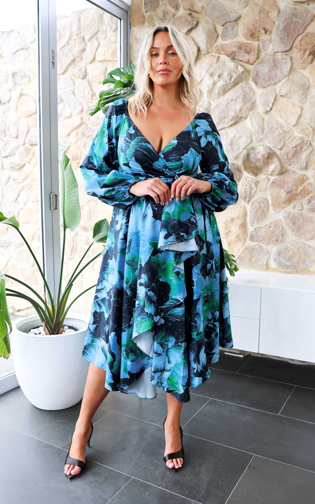 Rossetti Long Sleeve Wrap Maxi Dress - Blue Green Floral