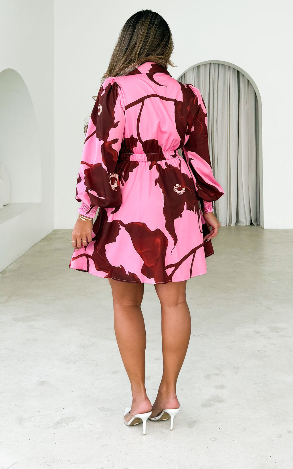 Rowie Long Sleeve Mini Dress - Pink Brown Floral