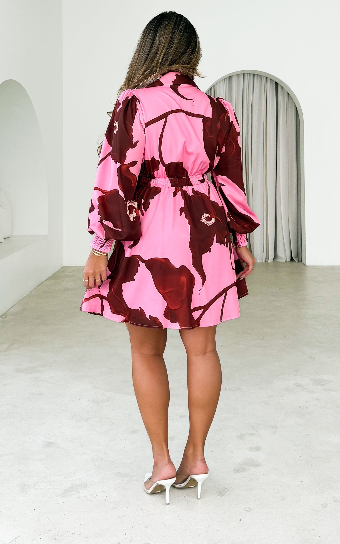 Rowie Long Sleeve Mini Dress - Pink Brown Floral