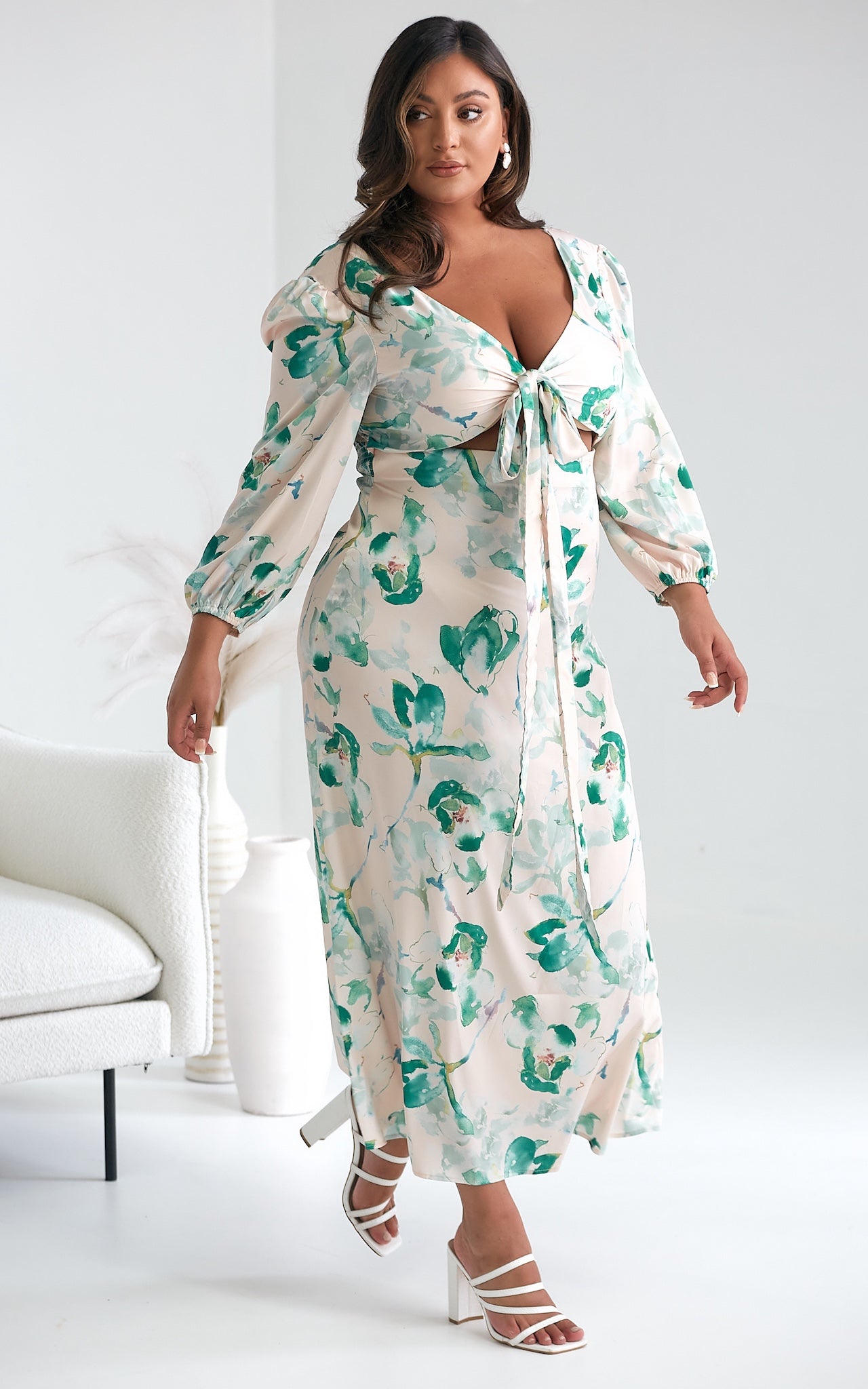 Roza Long Sleeve Maxi Dress - Beige Green Print