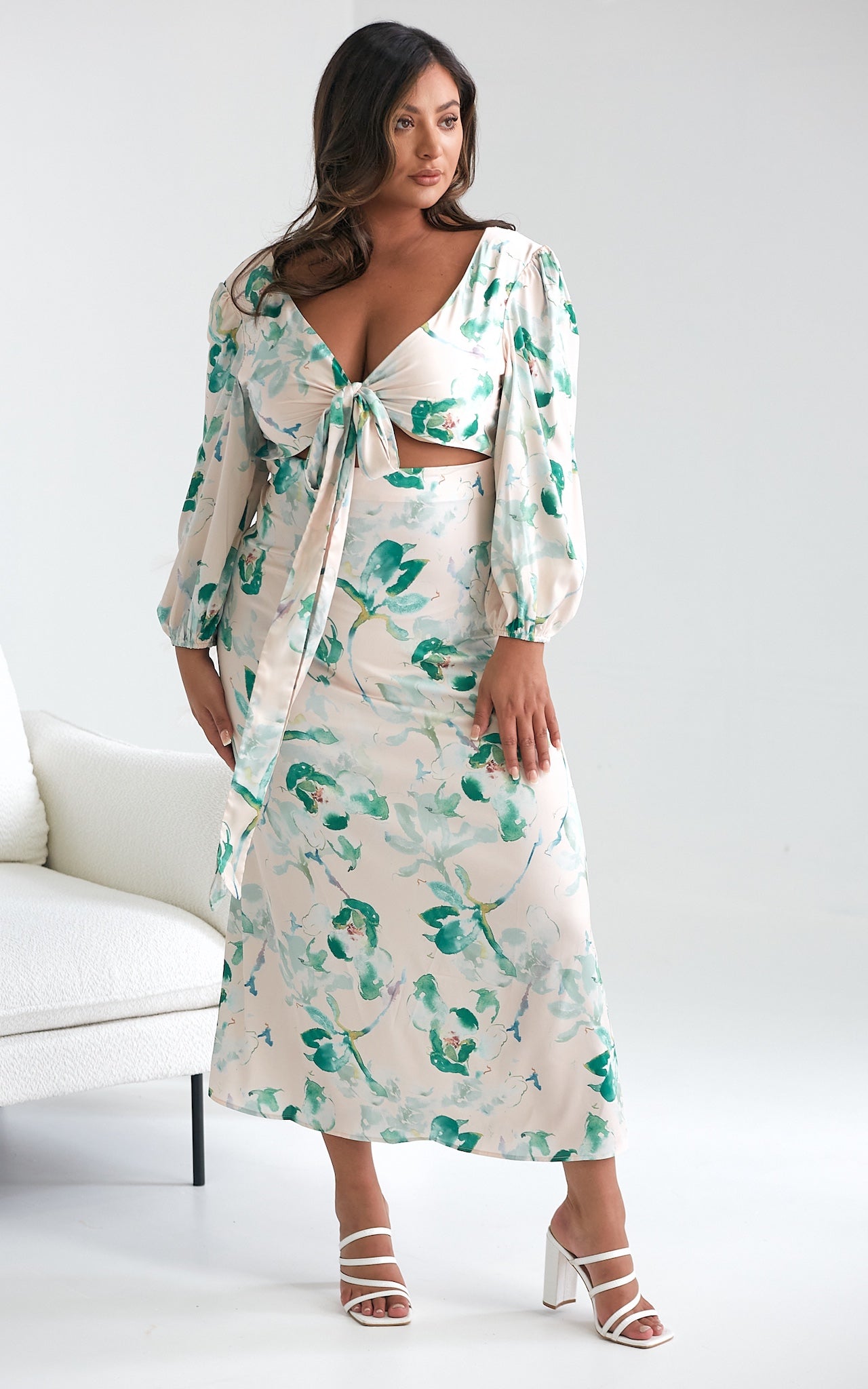 Roza Long Sleeve Maxi Dress - Beige Green Print