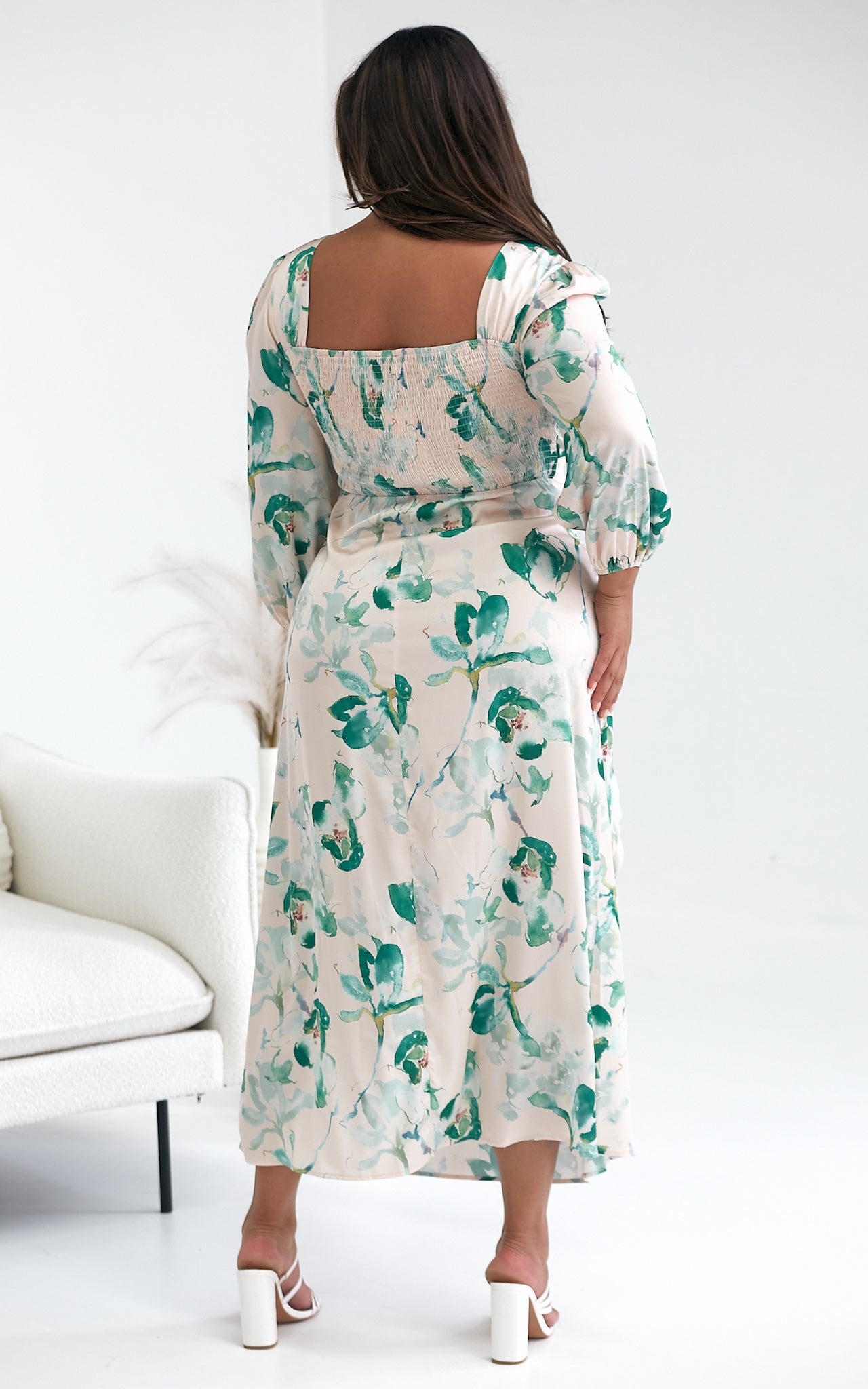 Roza Long Sleeve Maxi Dress - Beige Green Print