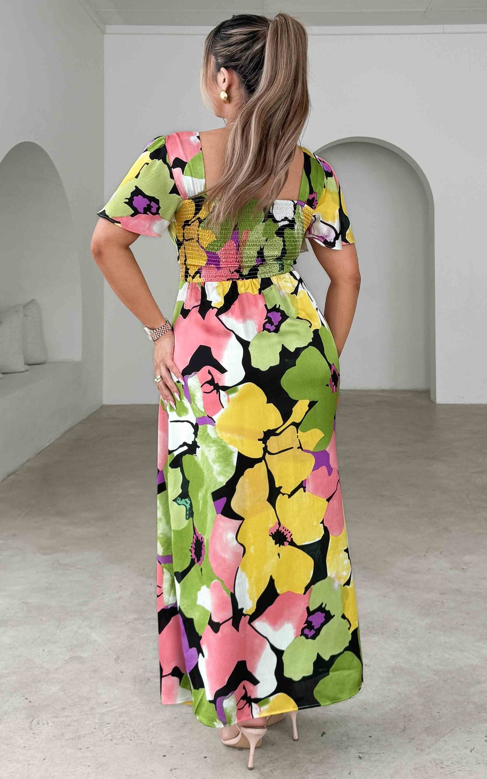 Roza Short Sleeve Maxi Dress - Green Multi Floral