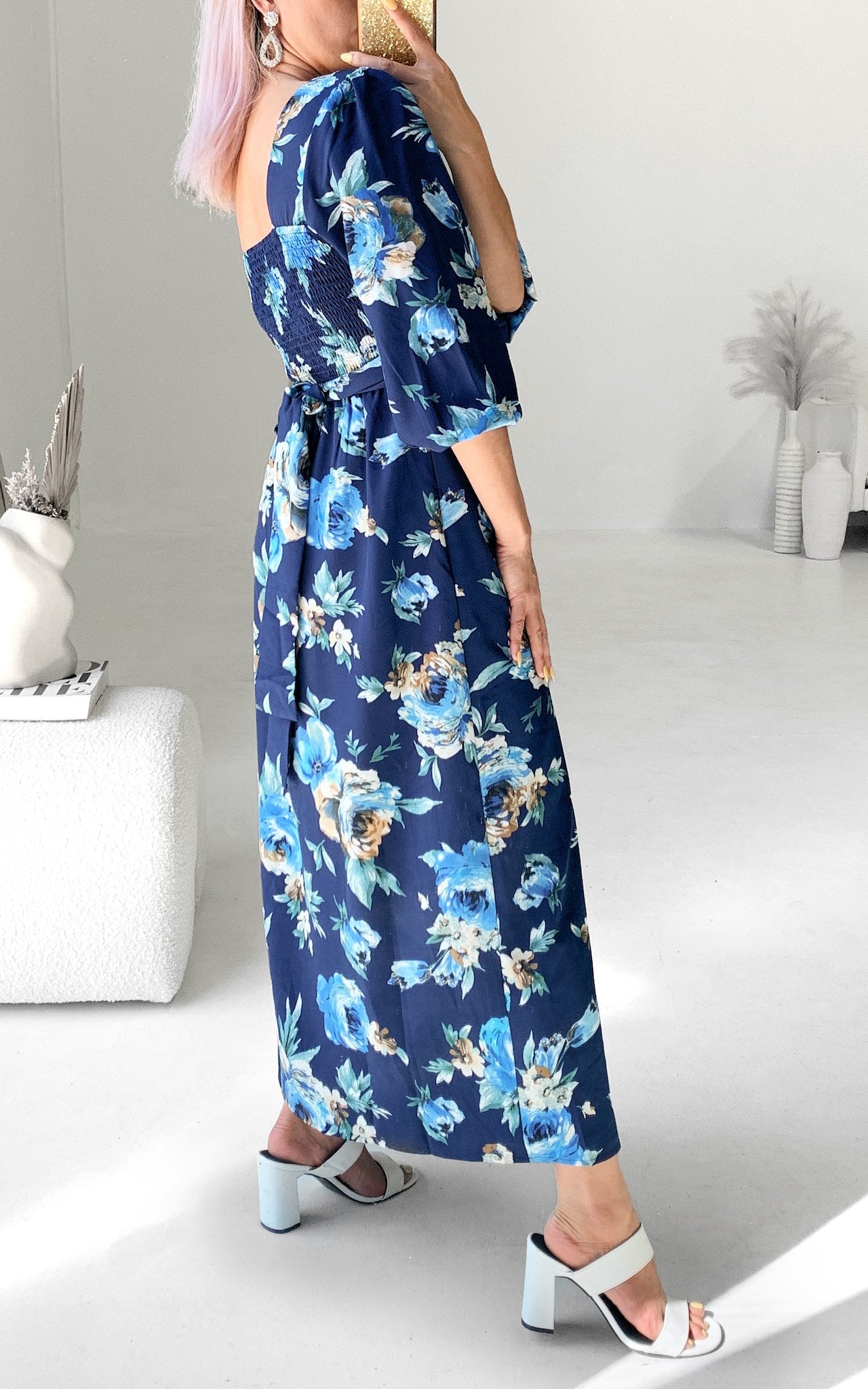 Roza Long Sleeve Maxi Dress - Navy Blue Floral