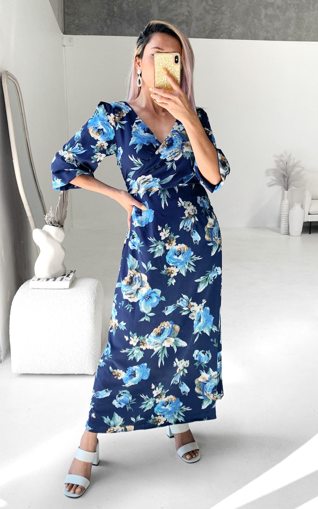 Roza Long Sleeve Maxi Dress - Navy Blue Floral