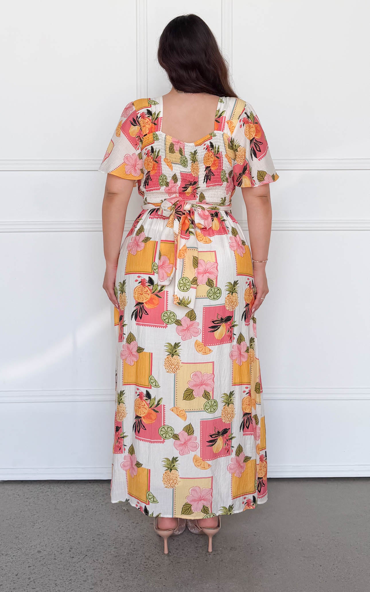 Roza Short Sleeve Maxi Dress - White Pineapple Tropical Print