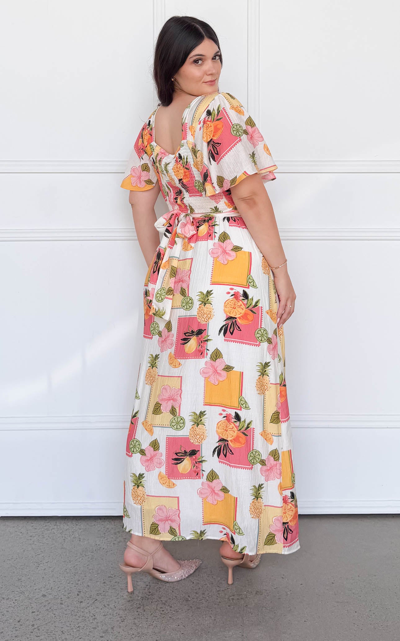 Roza Short Sleeve Maxi Dress - White Pineapple Tropical Print