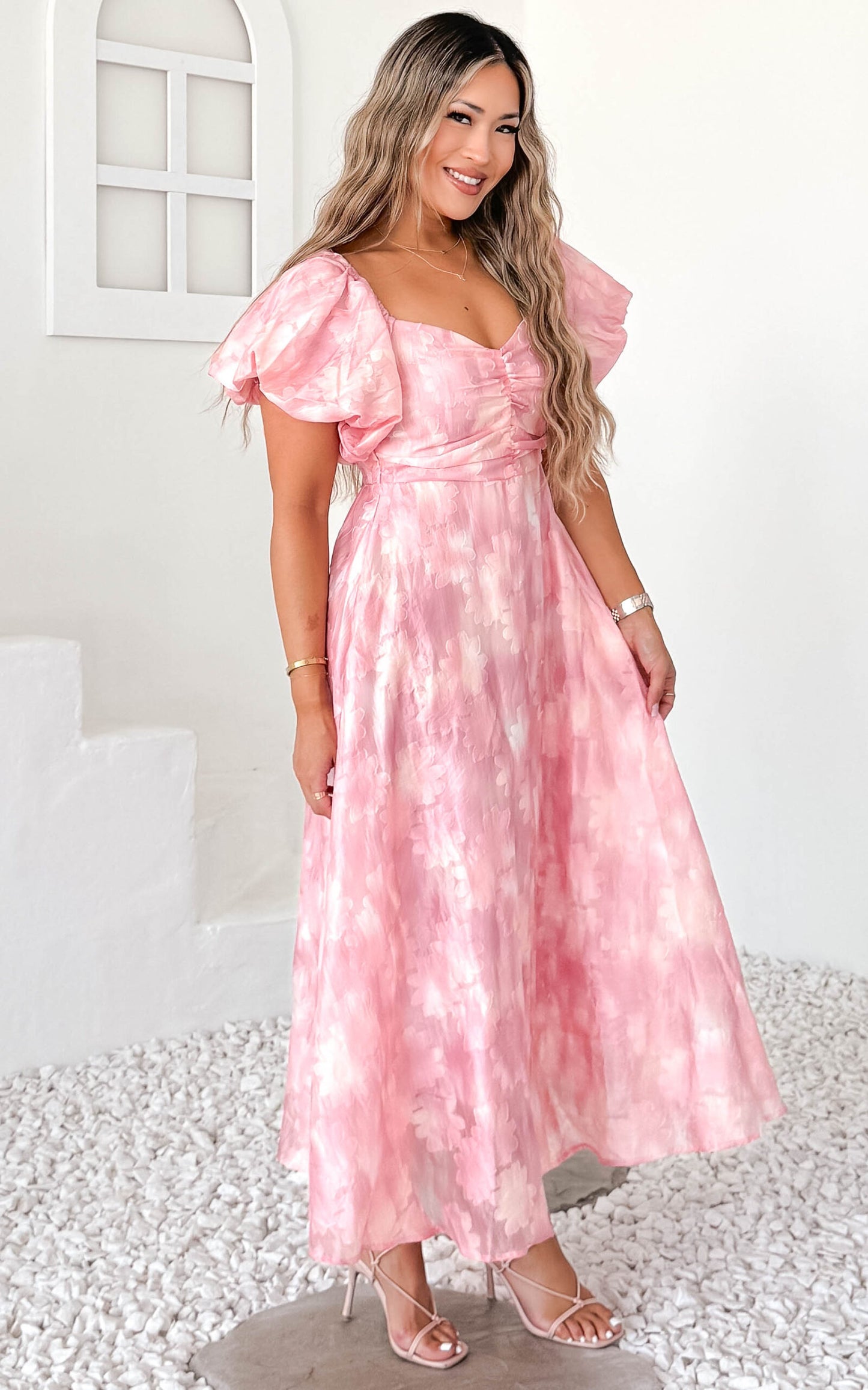 Rhea Midi Dress - Peach Pink Floral Texture