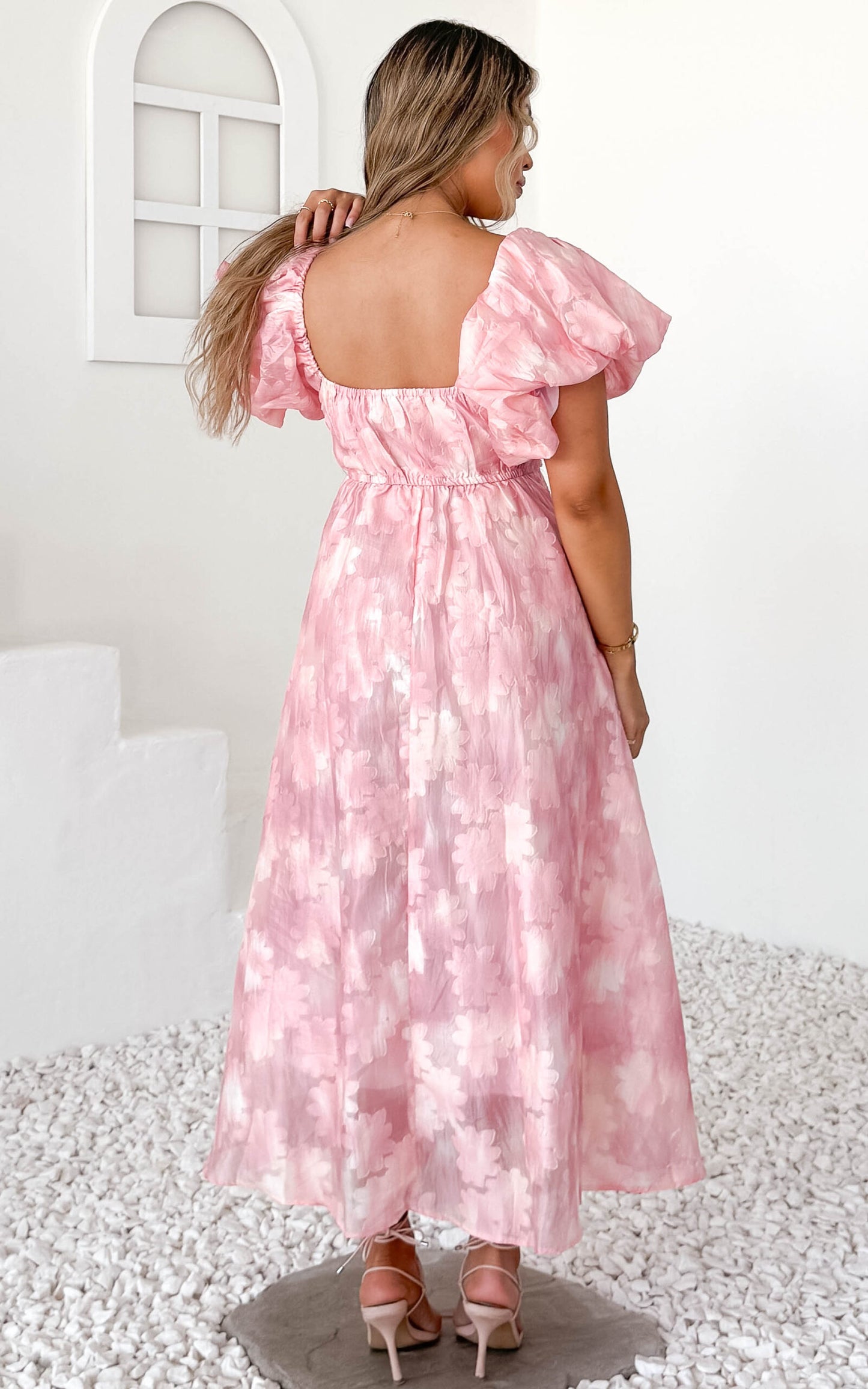 Rhea Midi Dress - Peach Pink Floral Texture