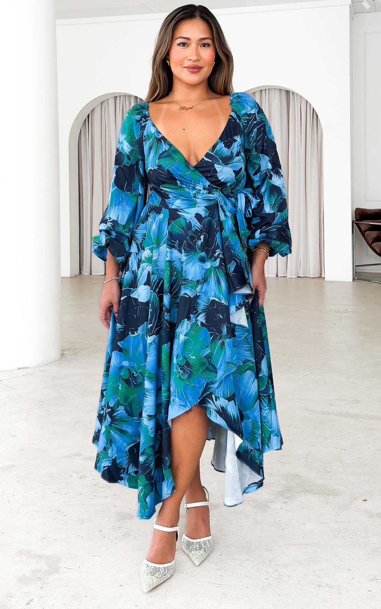 Rossetti Long Sleeve Wrap Maxi Dress - Blue Green Floral