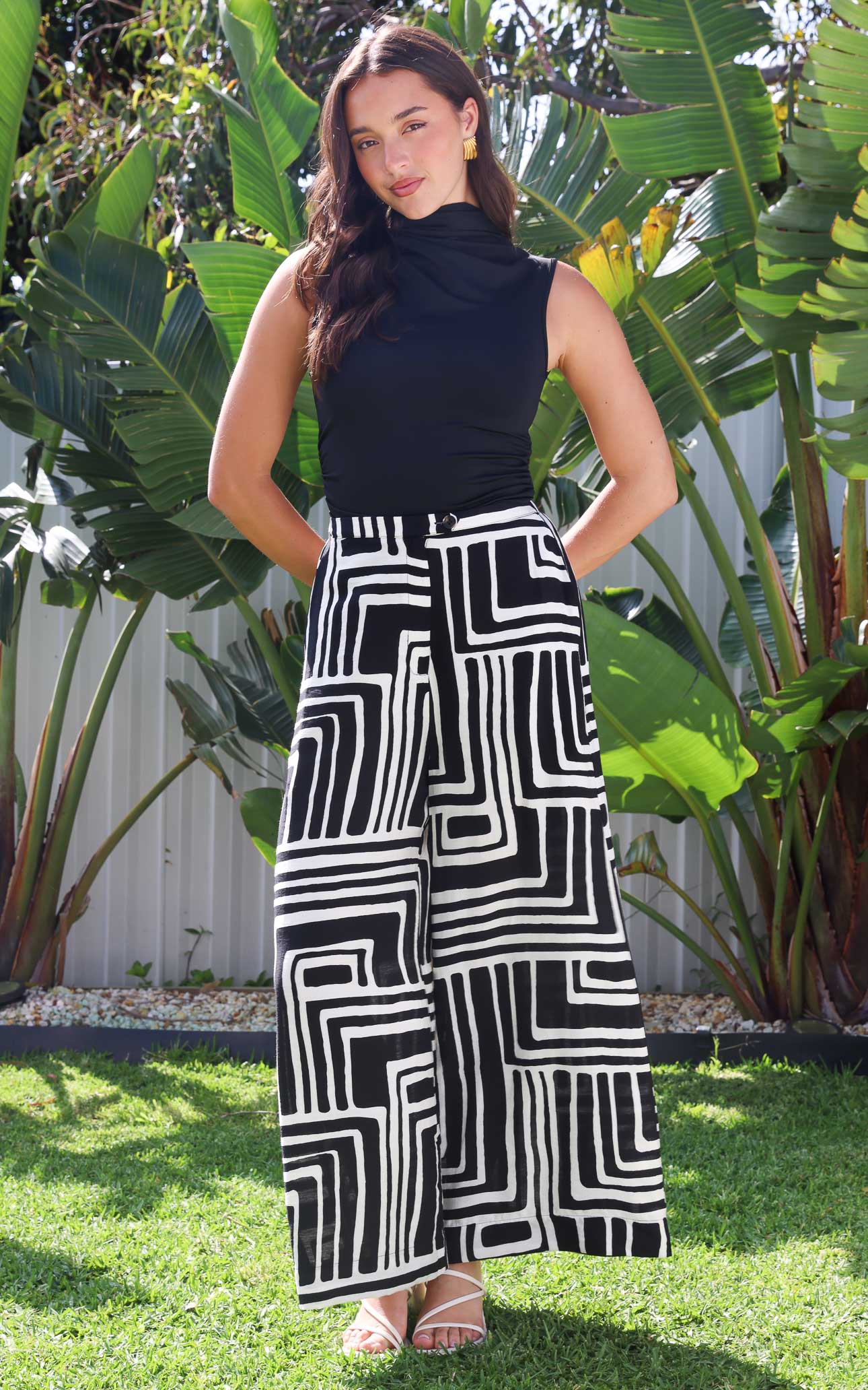 Saffron Wide Leg Pants - Black Cream Print